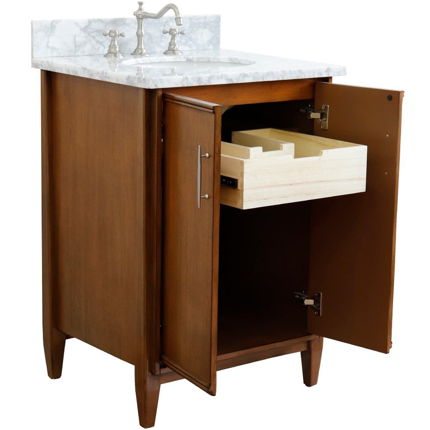 25" Single sink vanity in Walnut finish with White Carrara marble and oval sink