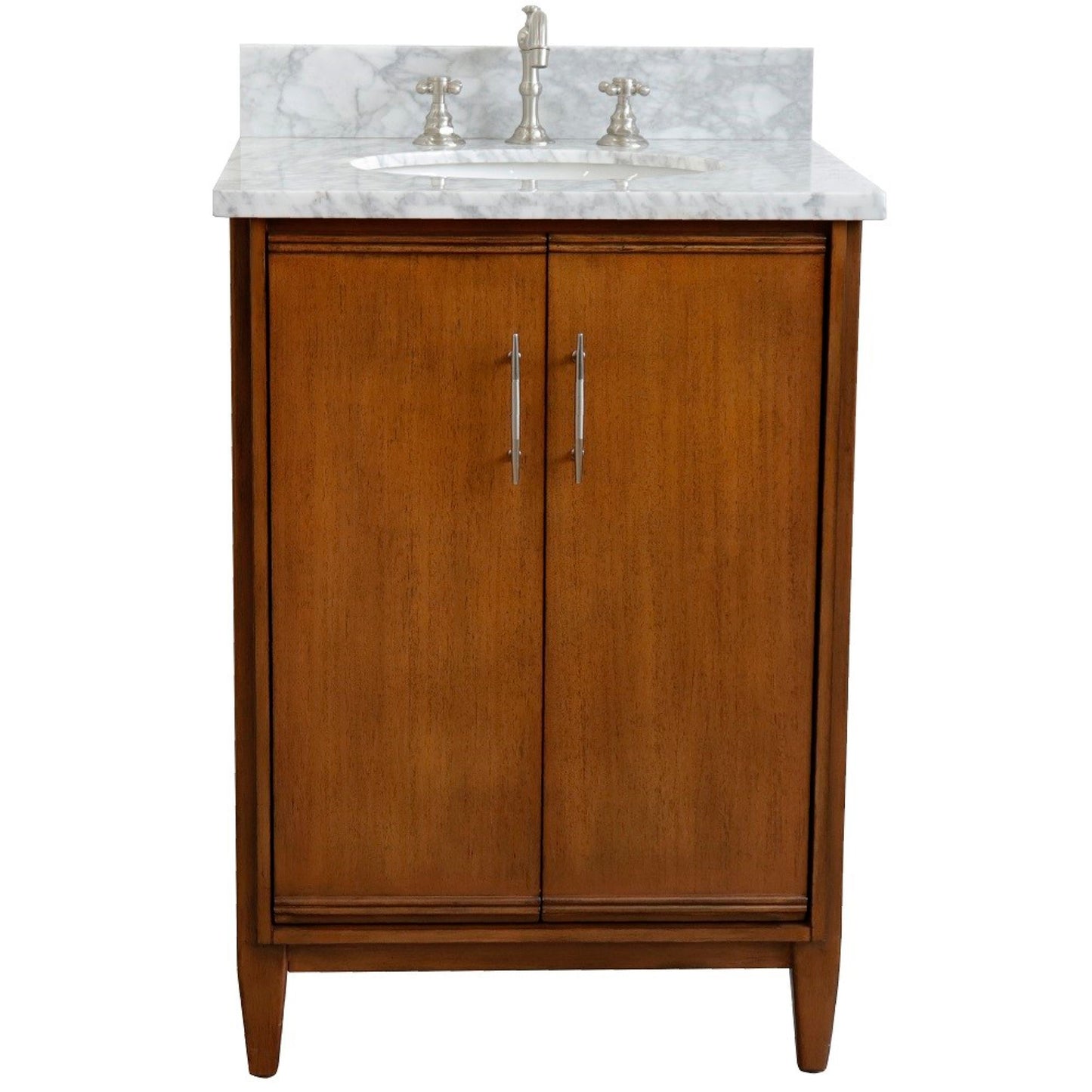 25" Single sink vanity in Walnut finish with White Carrara marble and oval sink