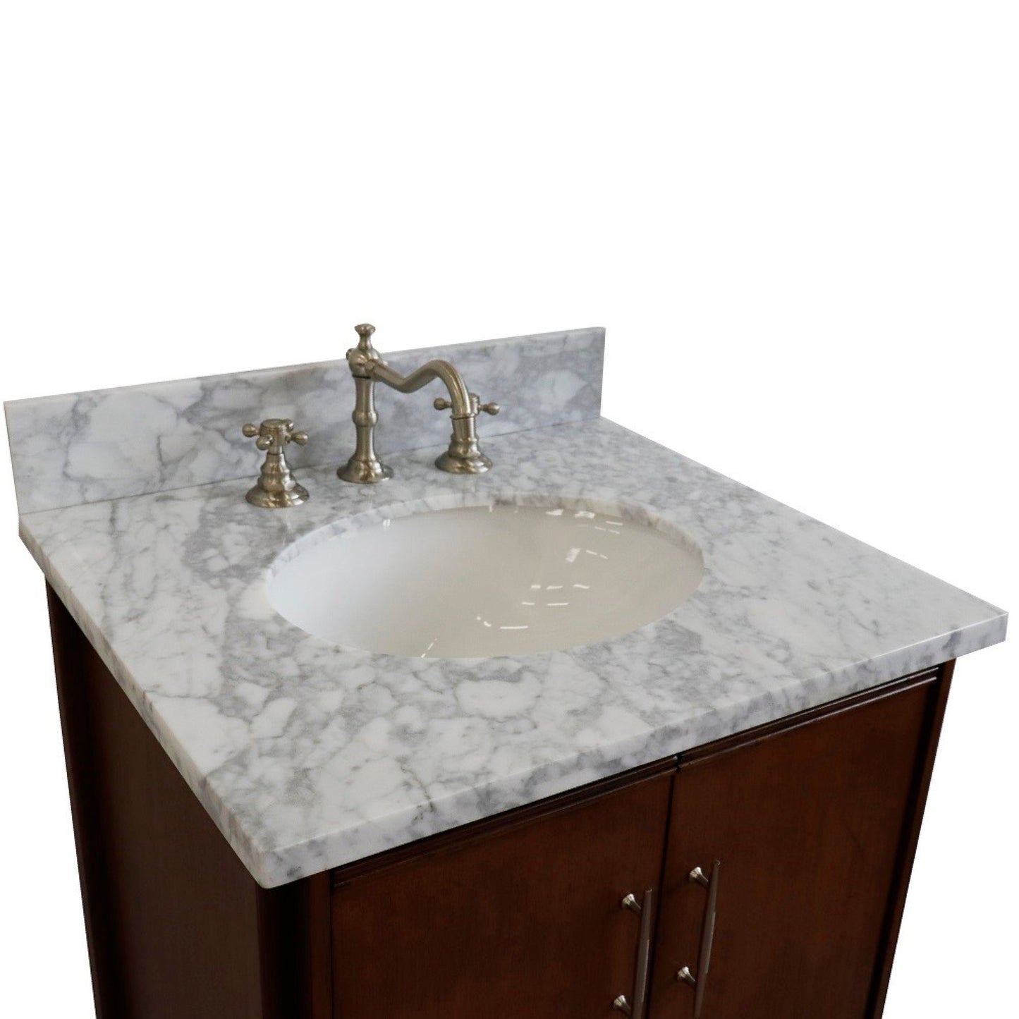 25" Single sink vanity in Walnut finish with White Carrara marble and oval sink