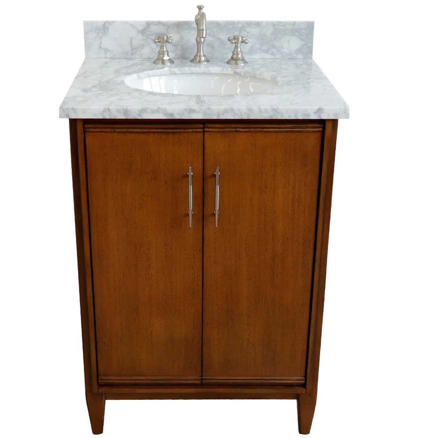 25" Single sink vanity in Walnut finish with White Carrara marble and oval sink