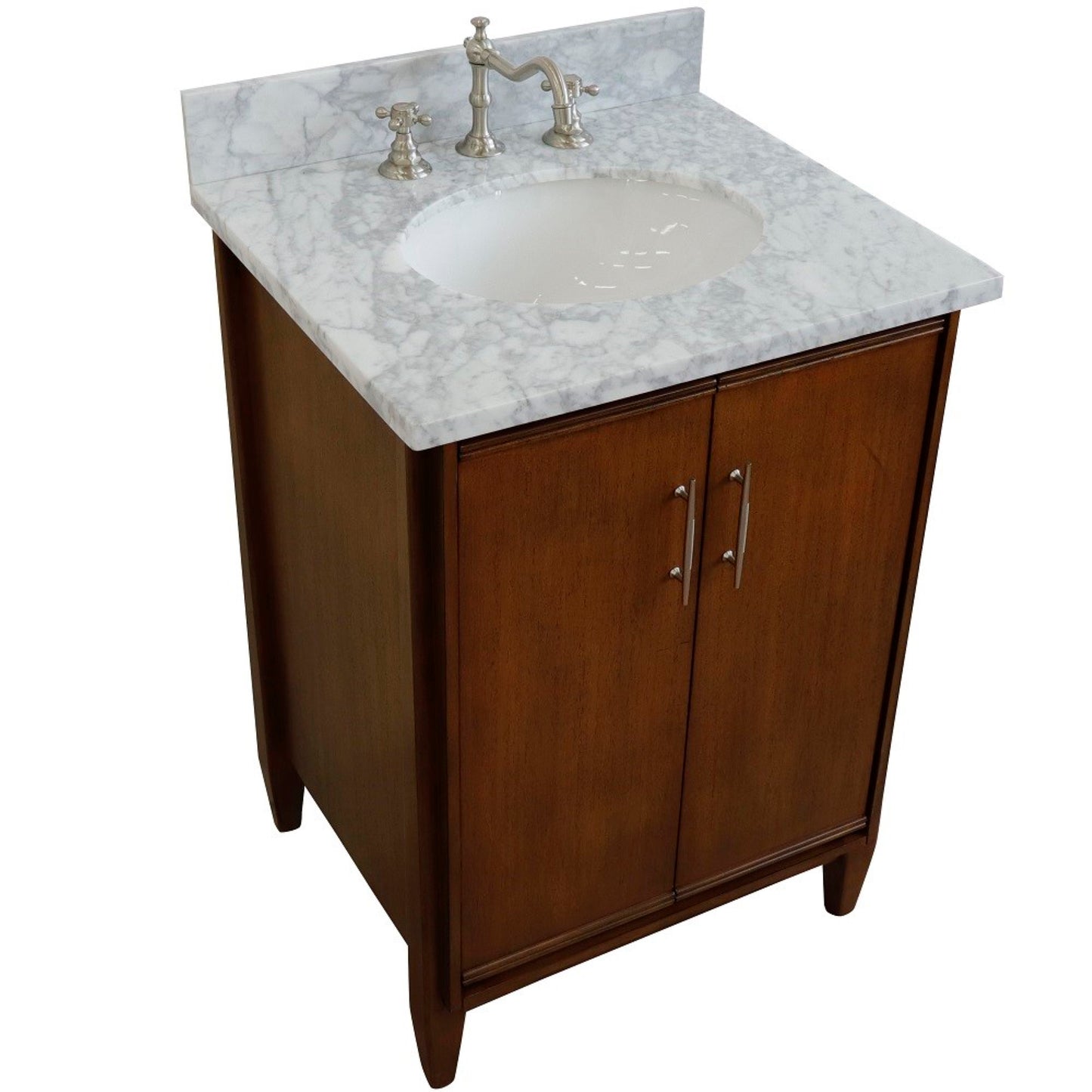 25" Single sink vanity in Walnut finish with White Carrara marble and oval sink