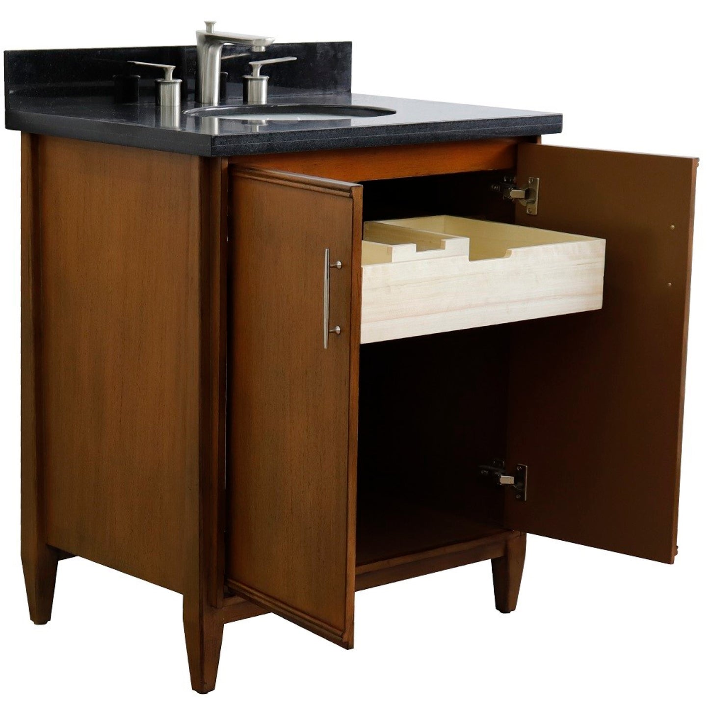 31" Single sink vanity in Walnut finish with Black galaxy granite with oval sink
