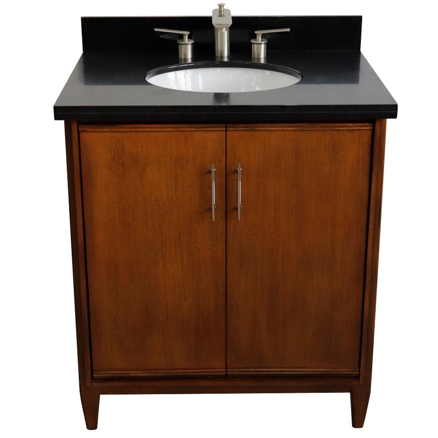 31" Single sink vanity in Walnut finish with Black galaxy granite with oval sink