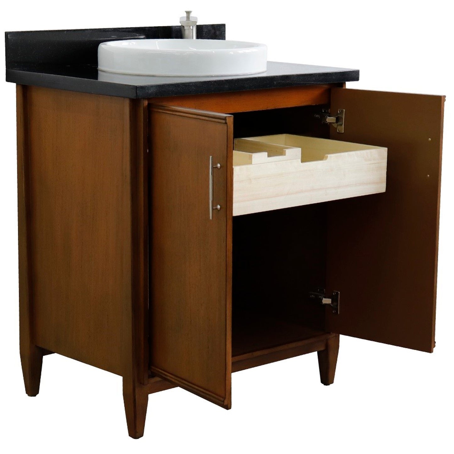 31" Single sink vanity in Walnut finish with Black galaxy granite with round sink