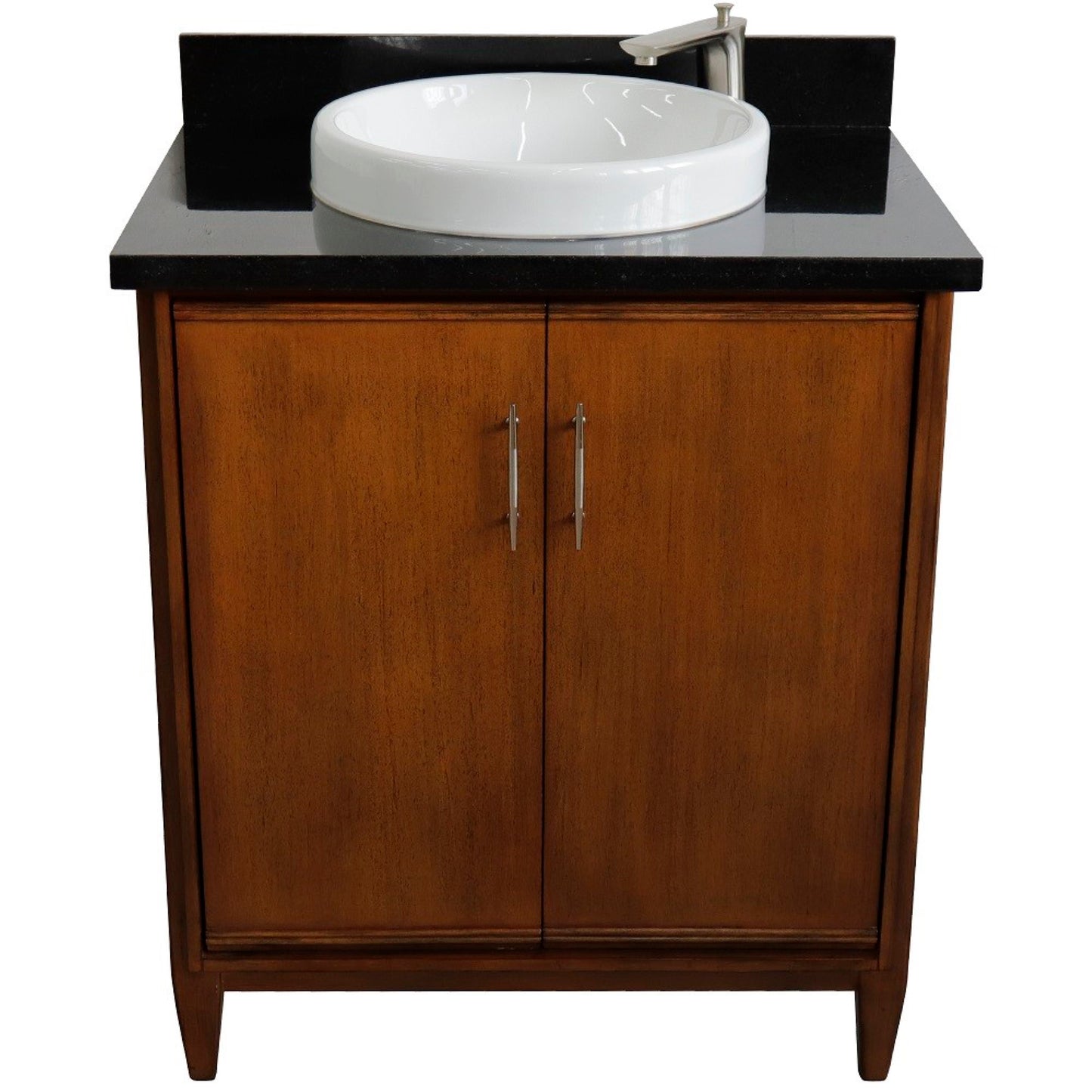 31" Single sink vanity in Walnut finish with Black galaxy granite with round sink