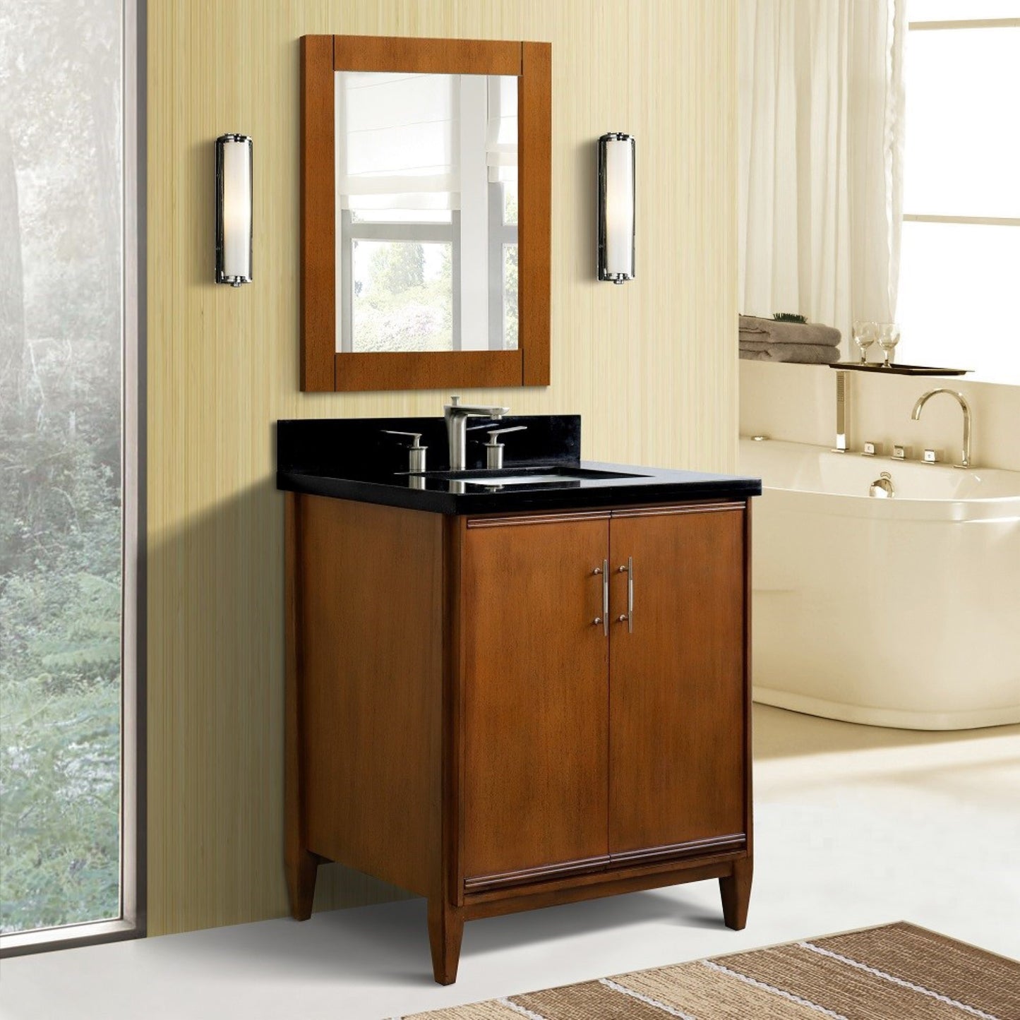 31" Single sink vanity in Walnut finish with Black galaxy granite with rectangle sink