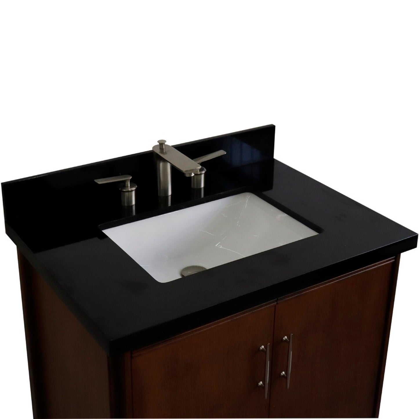 31" Single sink vanity in Walnut finish with Black galaxy granite with rectangle sink