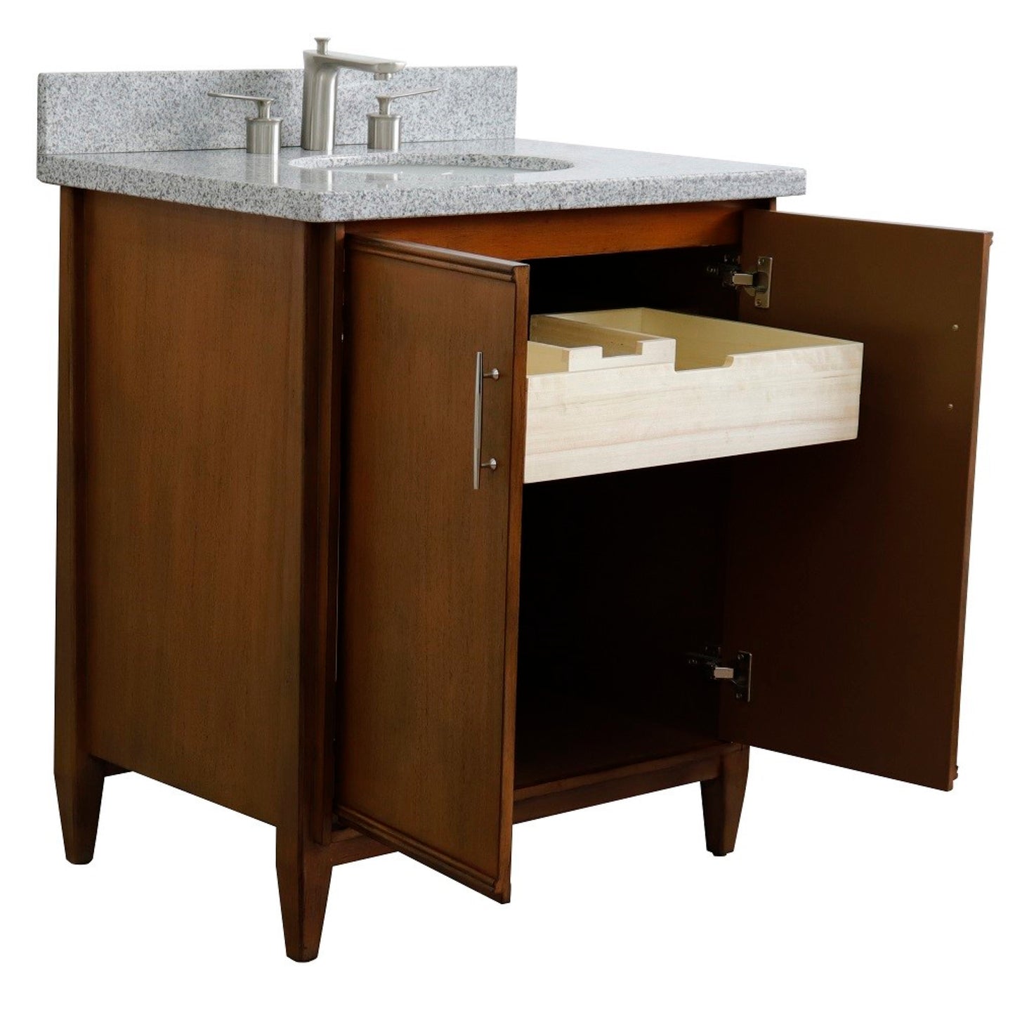 31" Single sink vanity in Walnut finish with Gray granite with oval sink