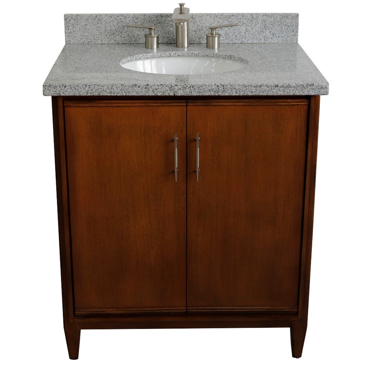 31" Single sink vanity in Walnut finish with Gray granite with oval sink