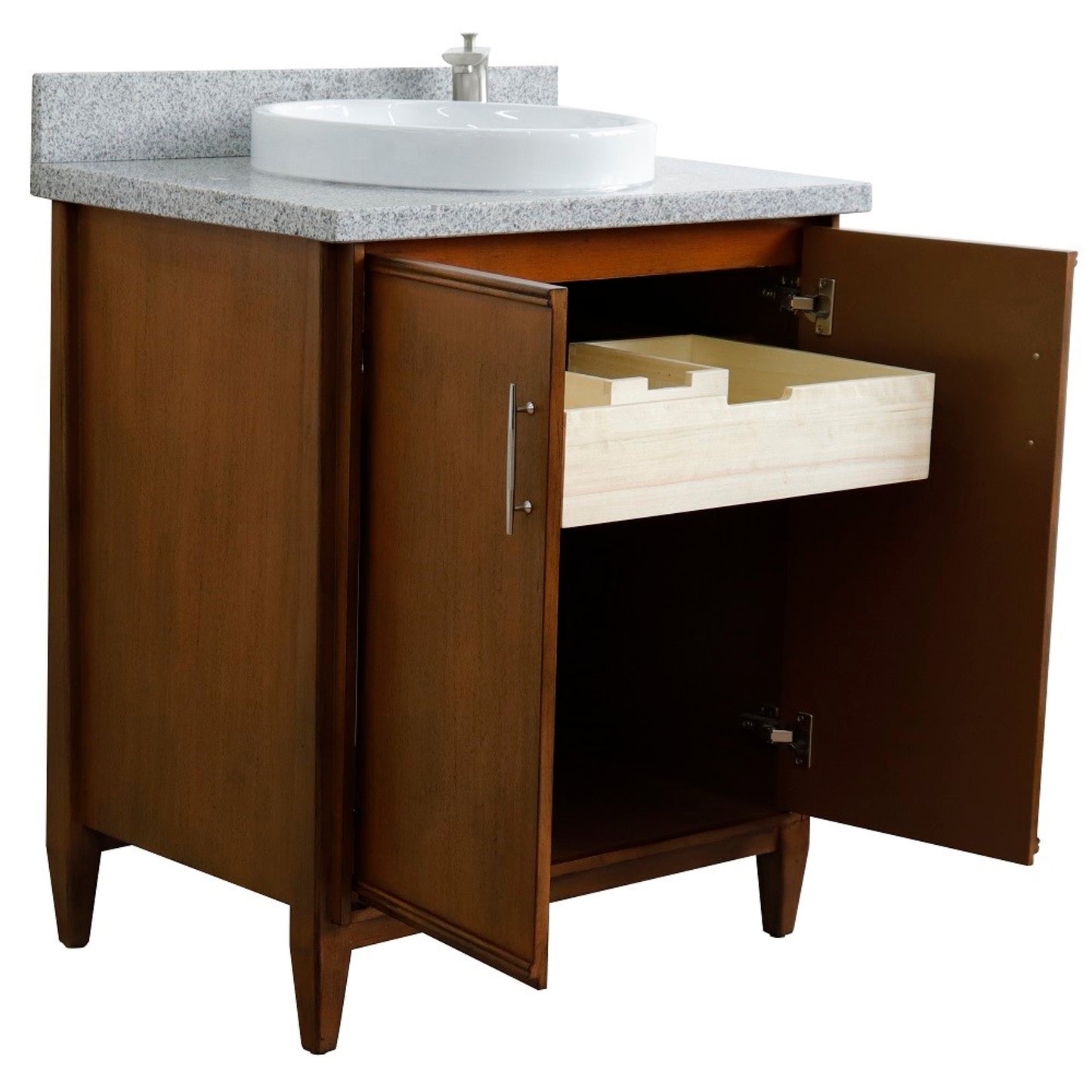 31" Single sink vanity in Walnut finish with Gray granite with round sink