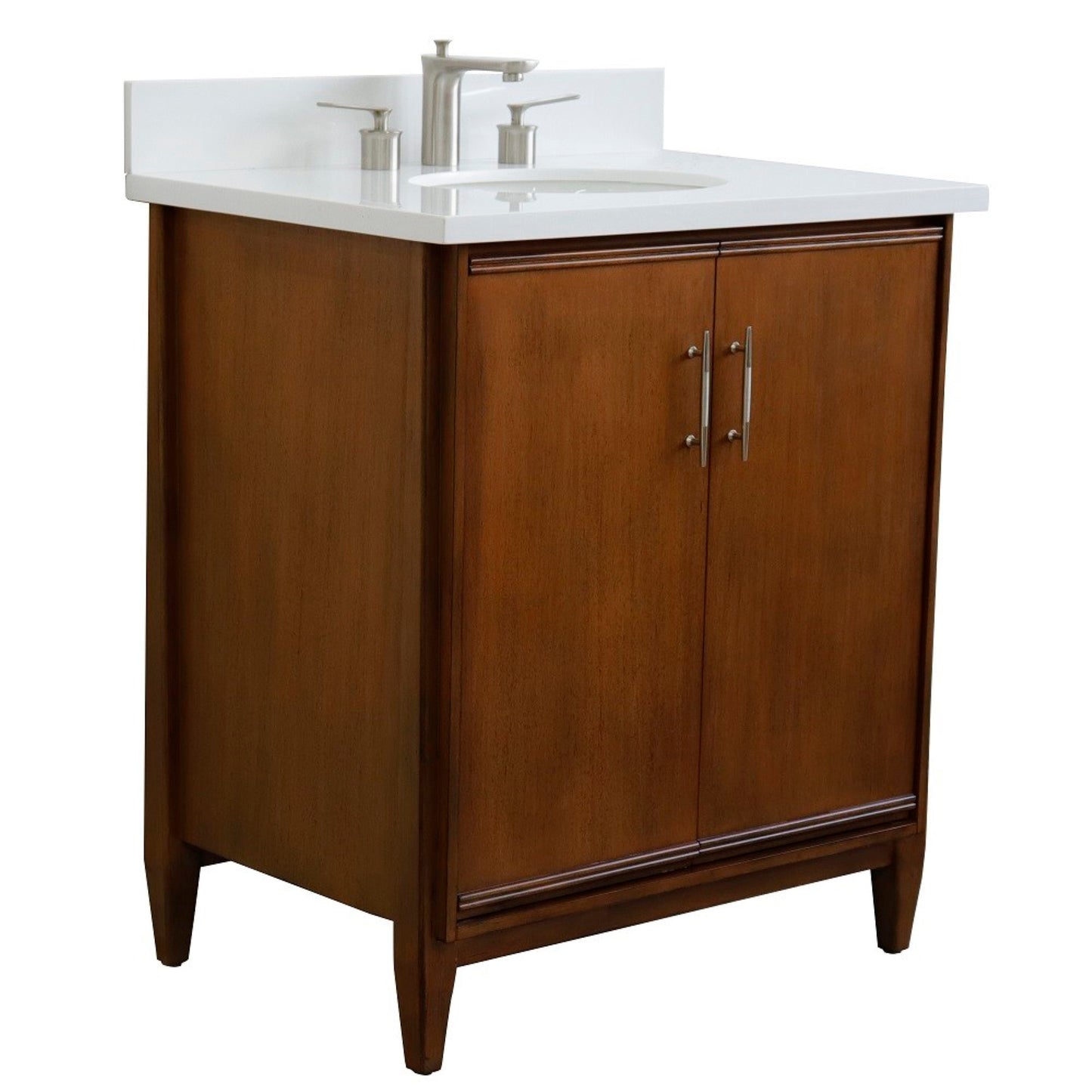 31" Single sink vanity in Walnut finish with White engineered stone with oval sink