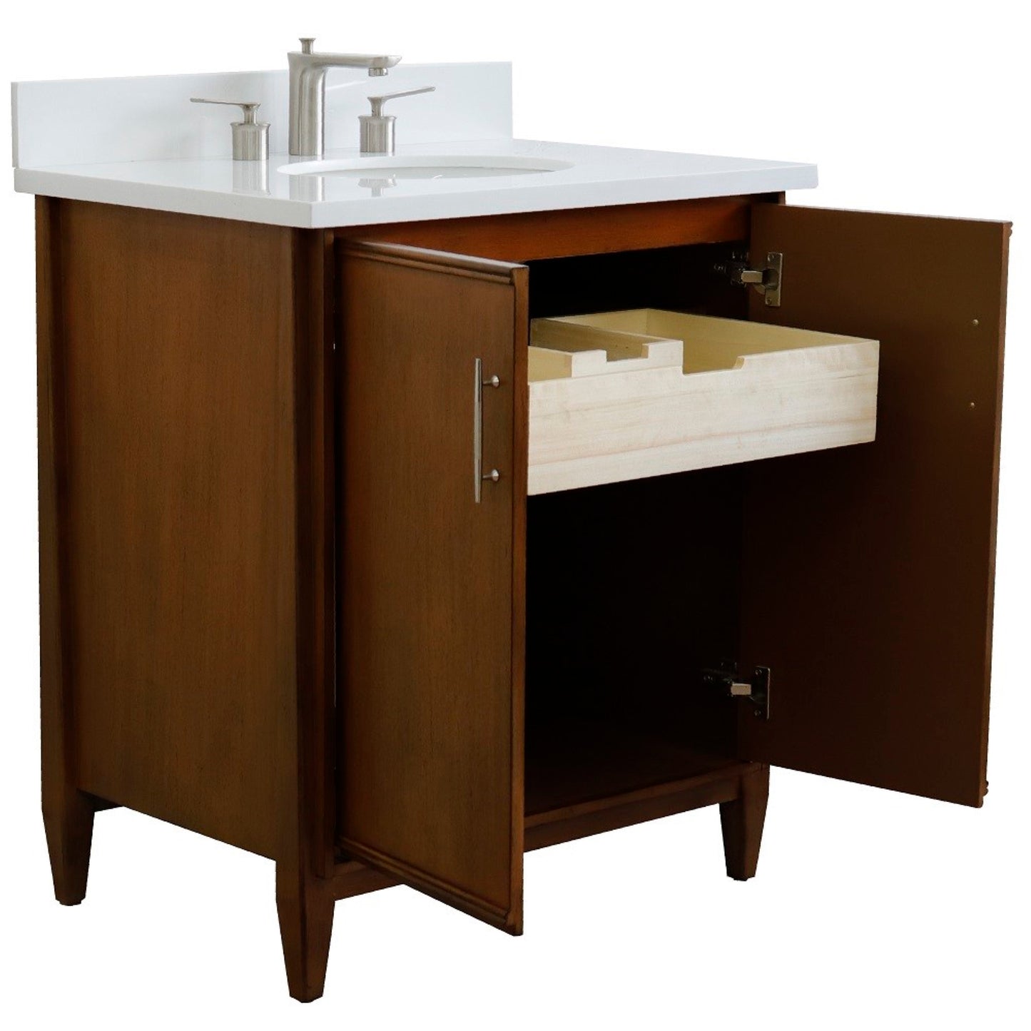 31" Single sink vanity in Walnut finish with White engineered stone with oval sink