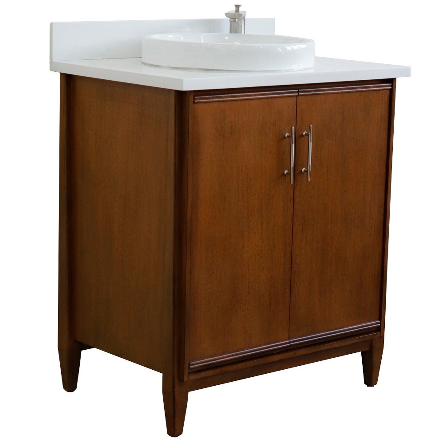 31" Single sink vanity in Walnut finish with White engineered stone with round sink
