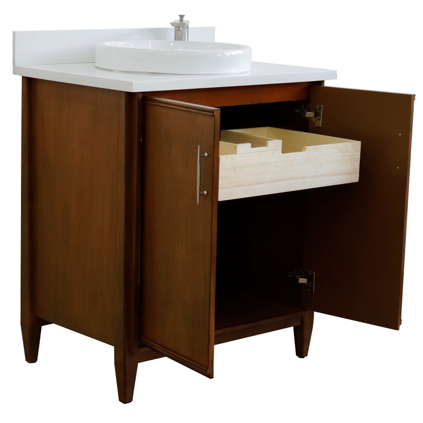 31" Single sink vanity in Walnut finish with White engineered stone with round sink
