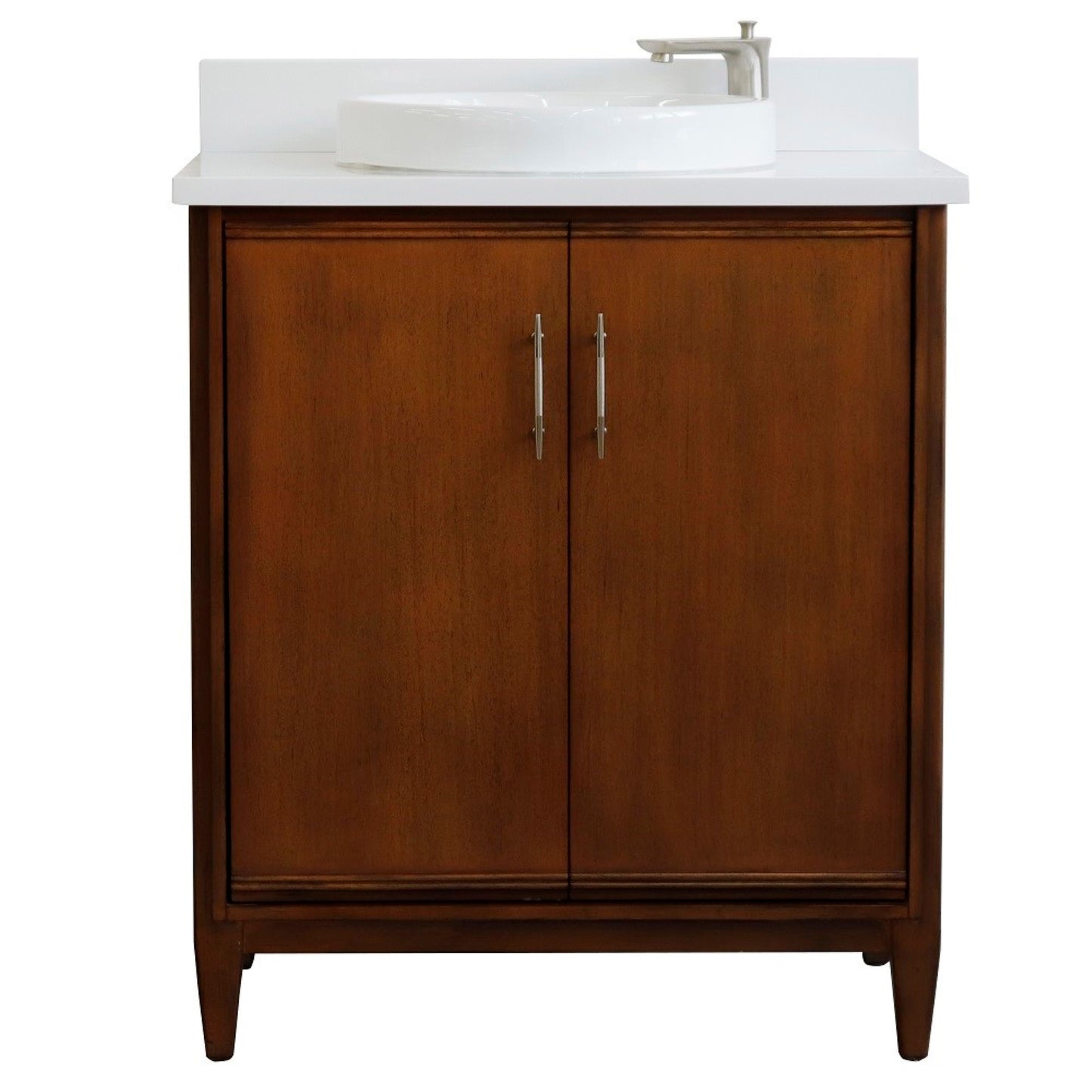 31" Single sink vanity in Walnut finish with White engineered stone with round sink