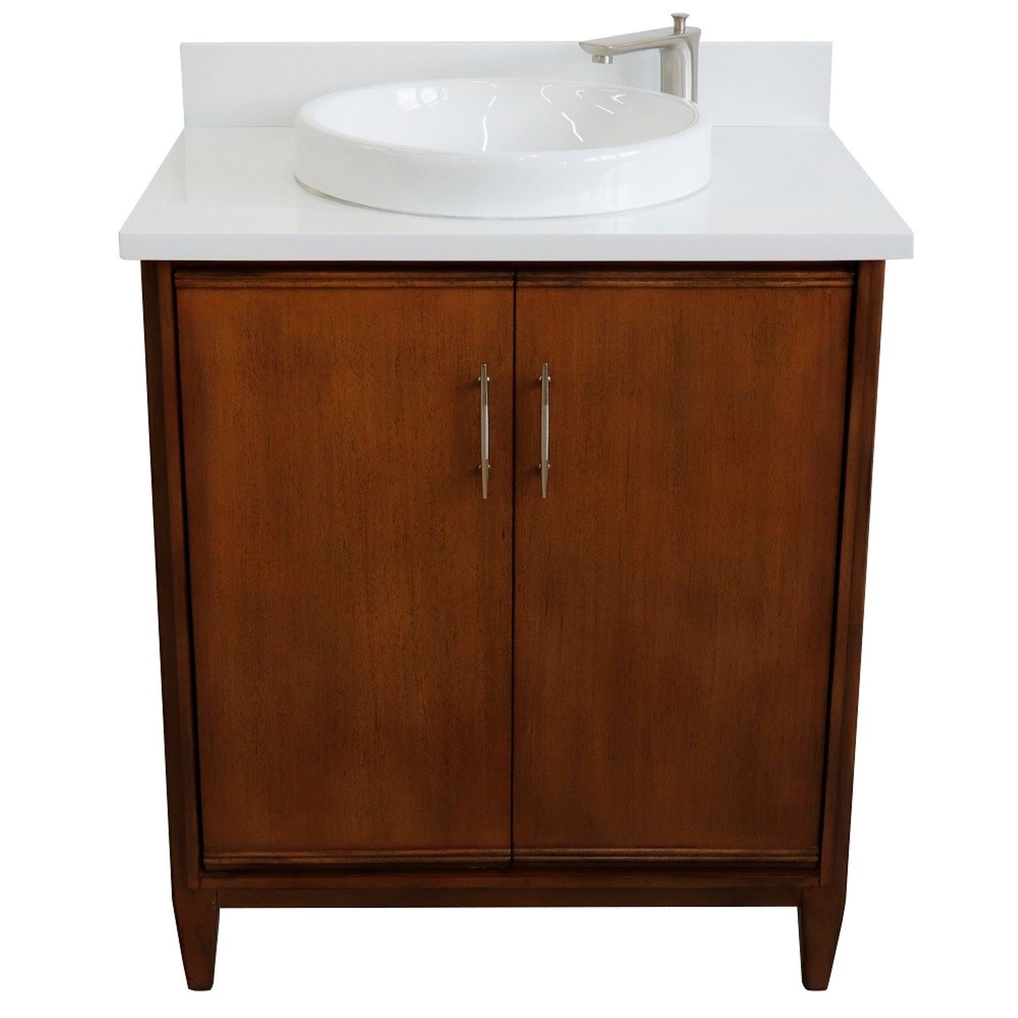 31" Single sink vanity in Walnut finish with White engineered stone with round sink