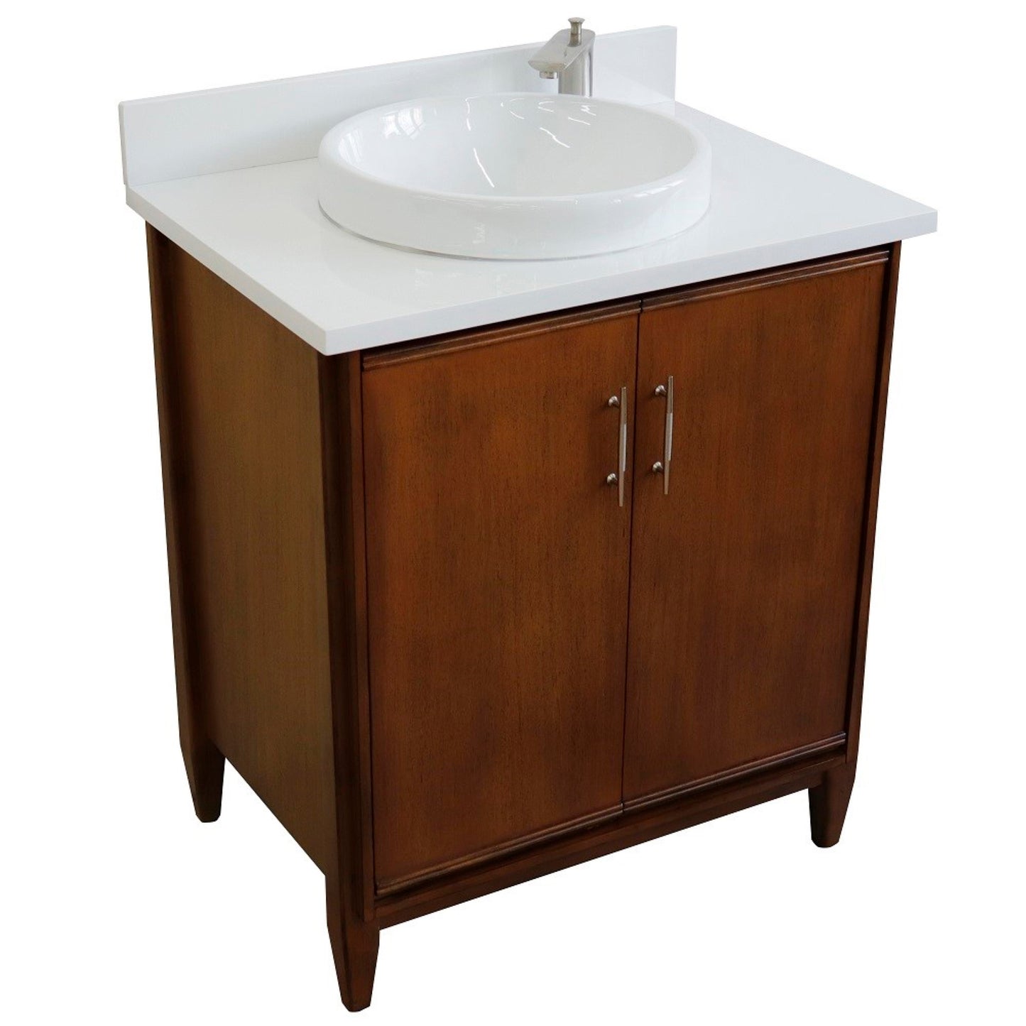 31" Single sink vanity in Walnut finish with White engineered stone with round sink