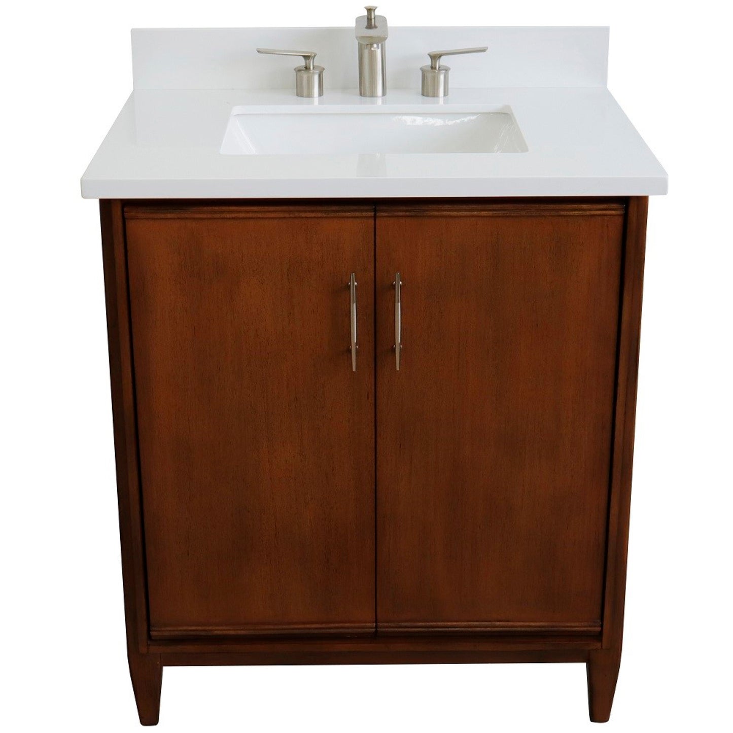 31" Single sink vanity in Walnut finish with White engineered stone with rectangle sink