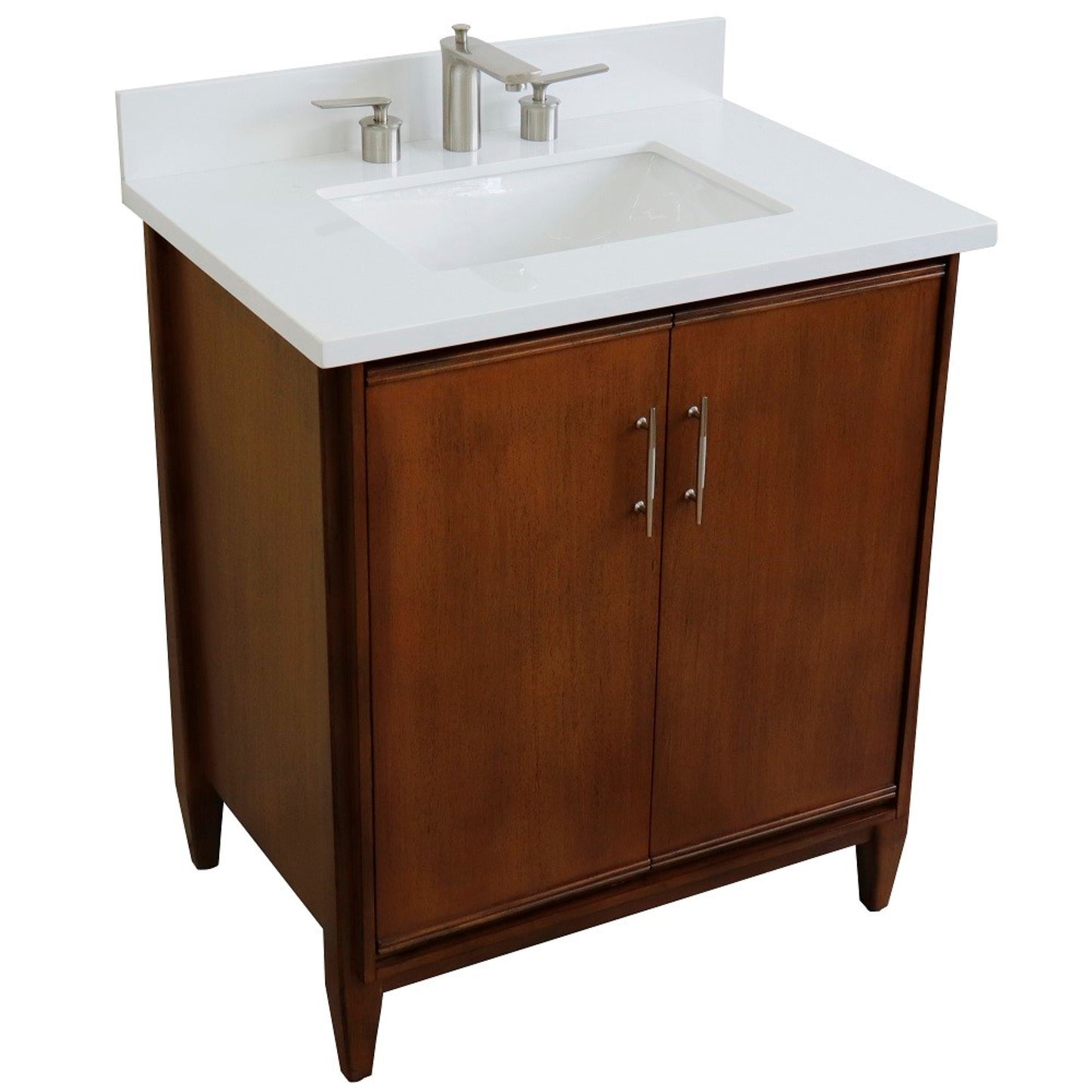 31" Single sink vanity in Walnut finish with White engineered stone with rectangle sink
