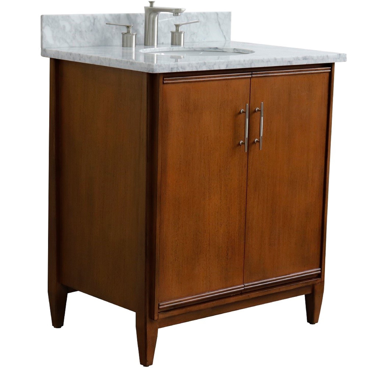 31" Single sink vanity in Walnut finish with White Carrara marble with oval sink