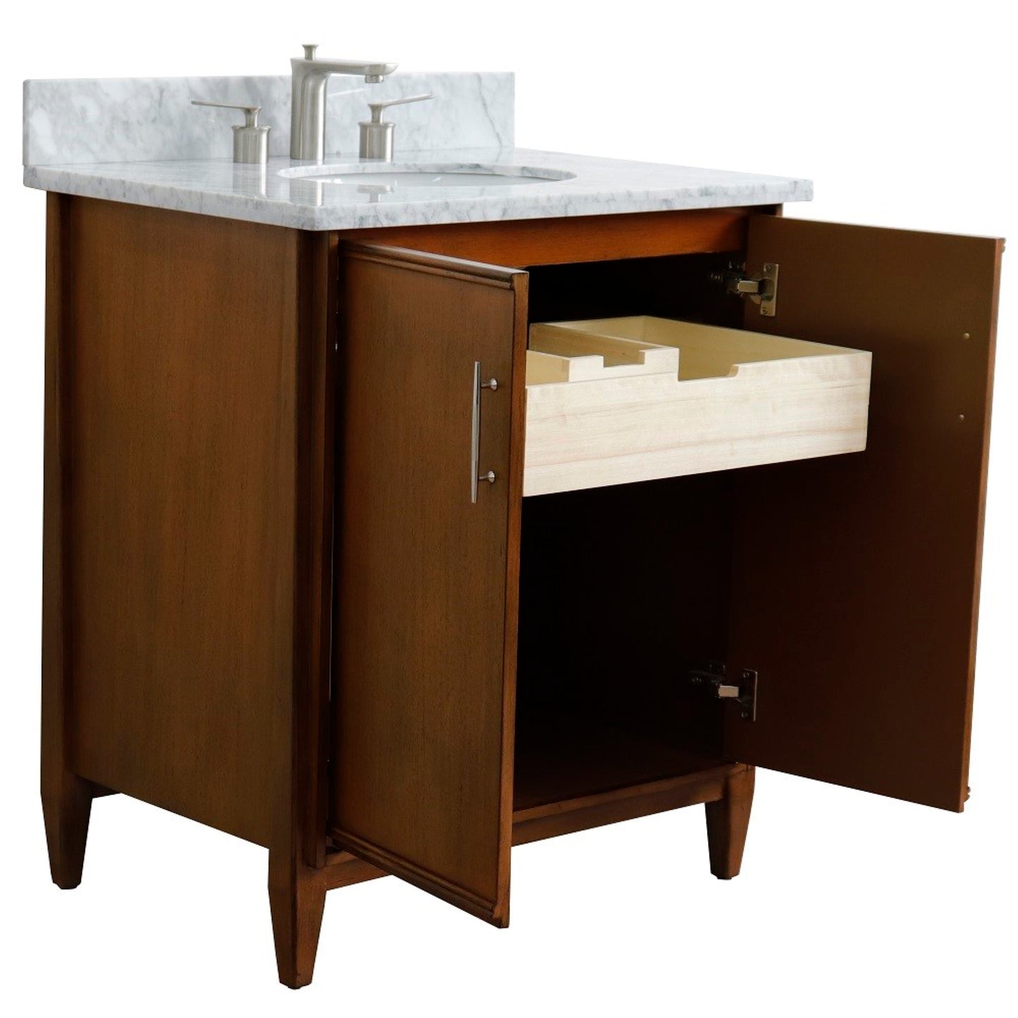 31" Single sink vanity in Walnut finish with White Carrara marble with oval sink