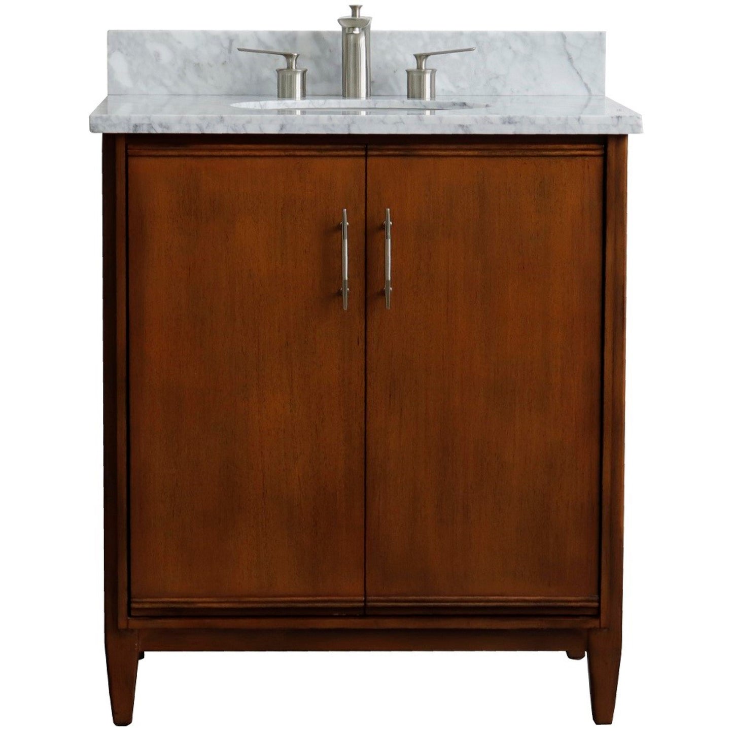 31" Single sink vanity in Walnut finish with White Carrara marble with oval sink