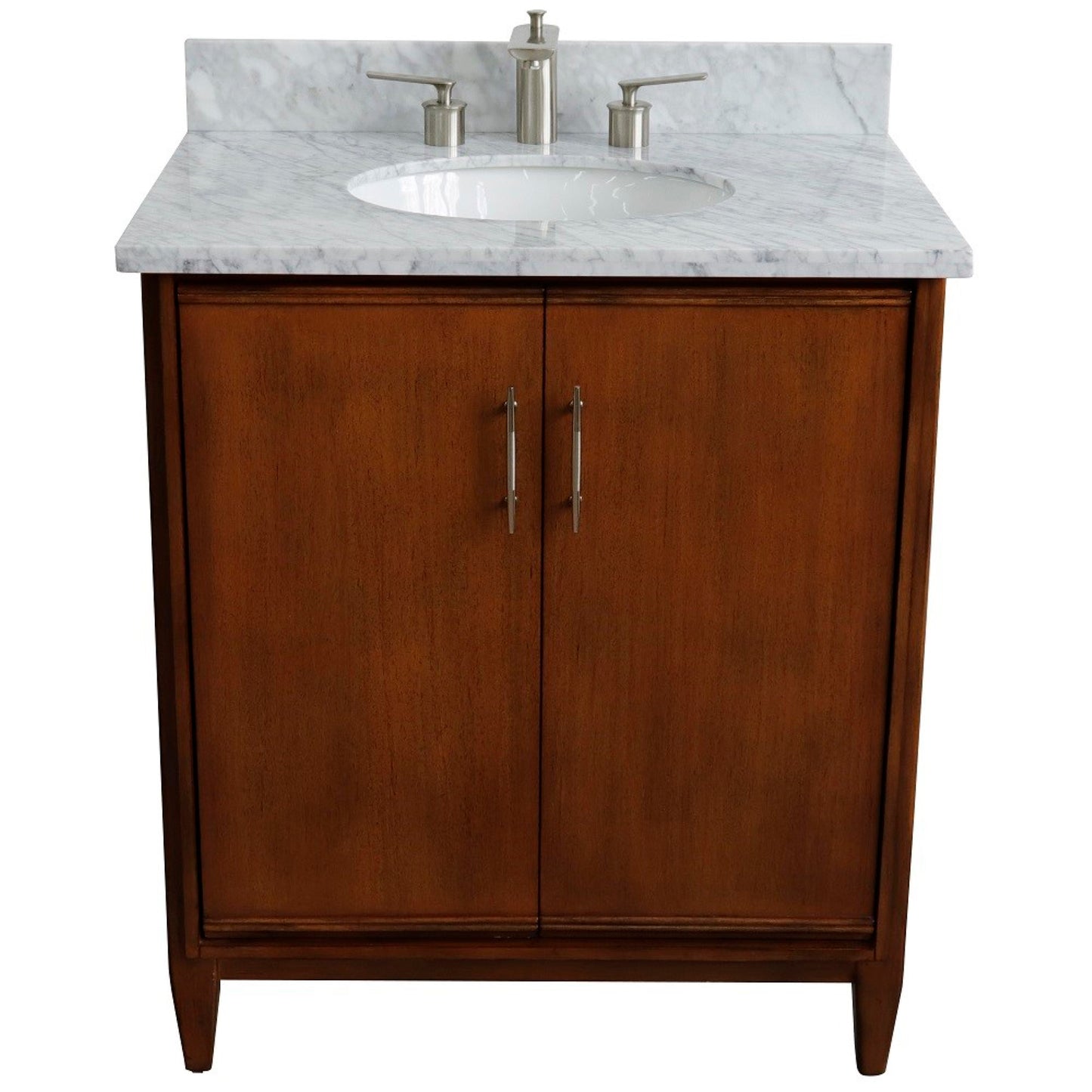 31" Single sink vanity in Walnut finish with White Carrara marble with oval sink
