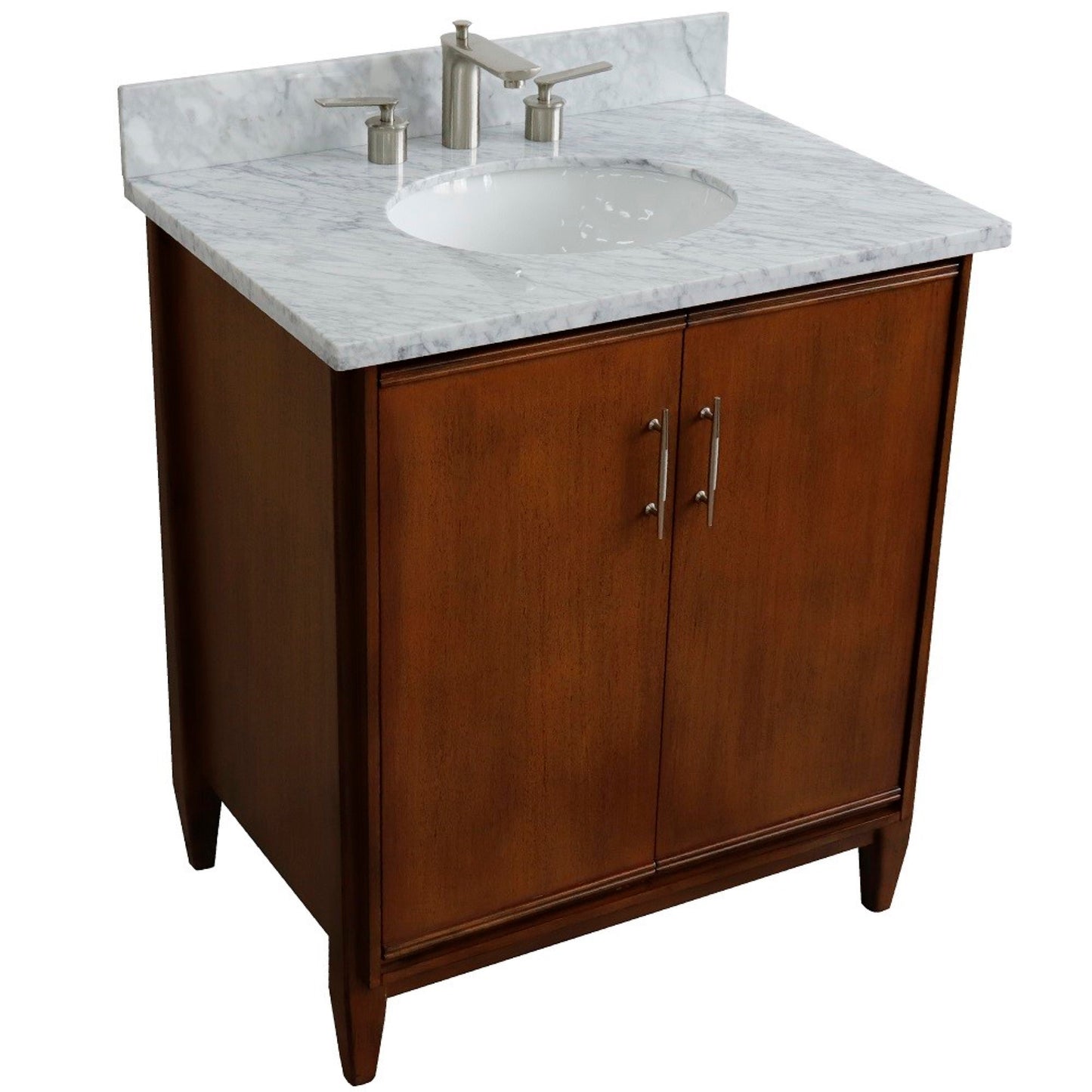 31" Single sink vanity in Walnut finish with White Carrara marble with oval sink