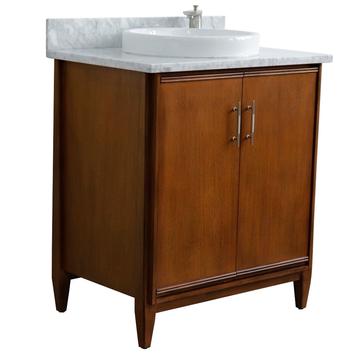 31" Single sink vanity in Walnut finish with White Carrara marble with round sink