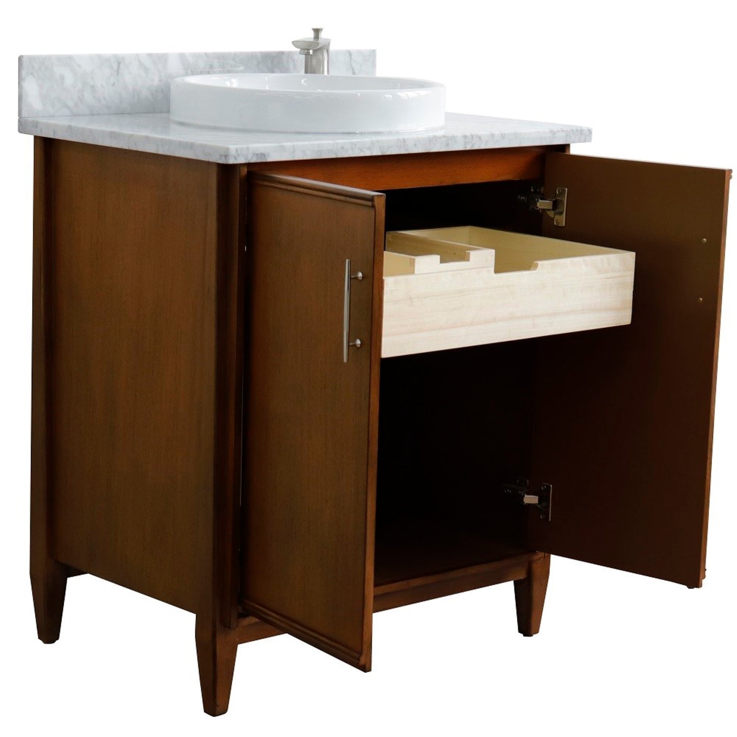 31" Single sink vanity in Walnut finish with White Carrara marble with round sink
