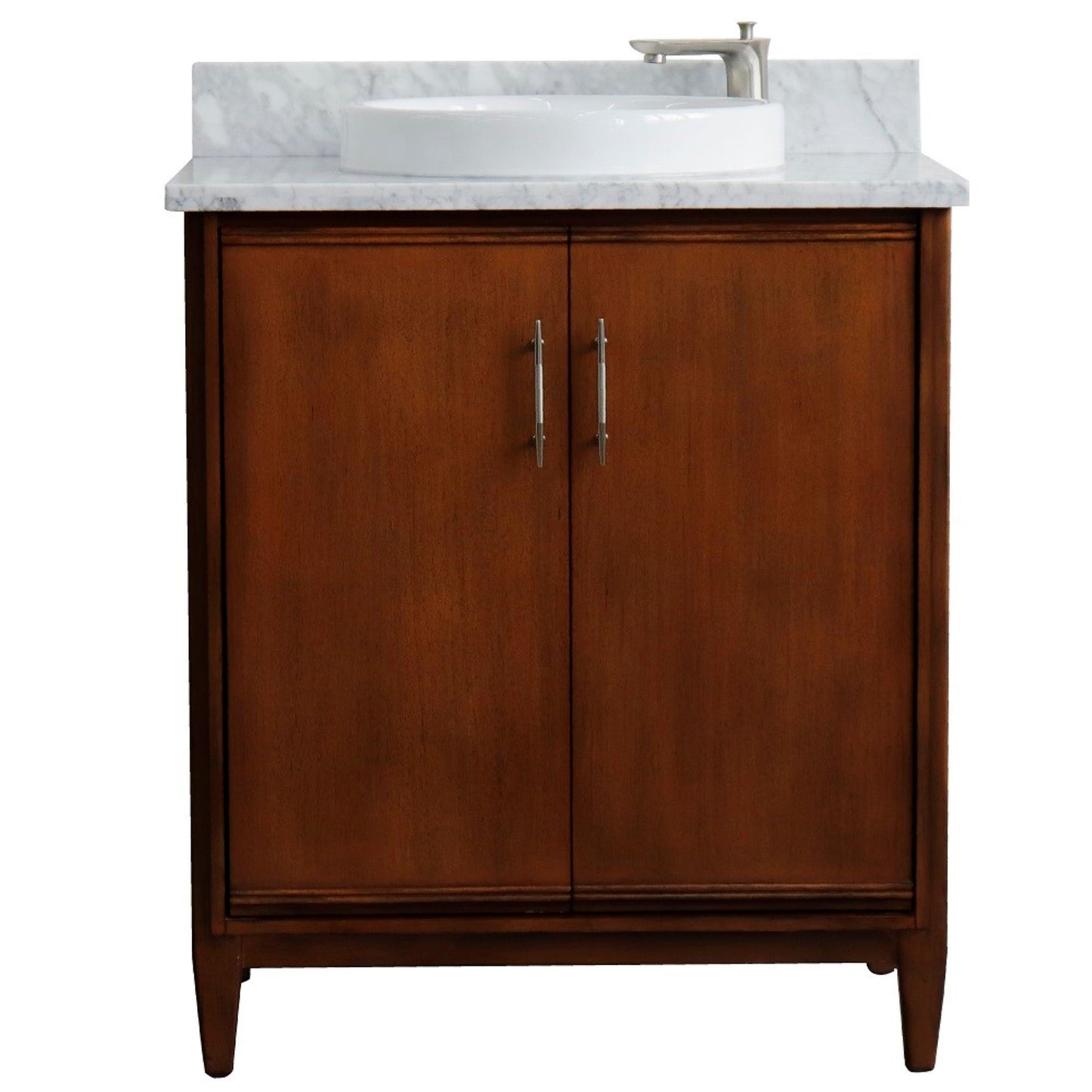 31" Single sink vanity in Walnut finish with White Carrara marble with round sink