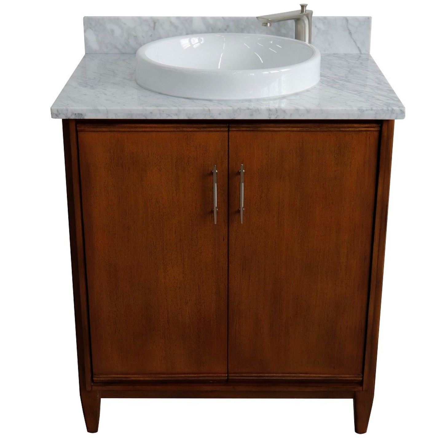31" Single sink vanity in Walnut finish with White Carrara marble with round sink