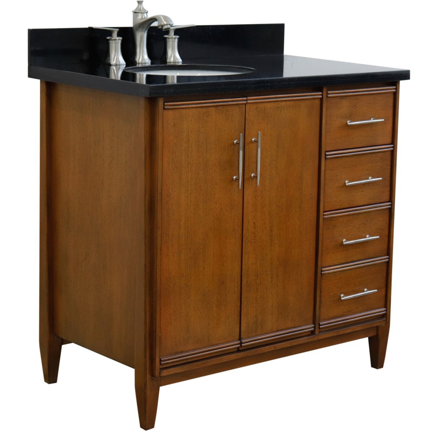 37" Single vanity in Walnut finish with Black galaxy and oval sink Left door/Left sink