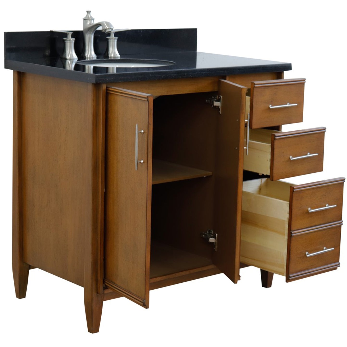 37" Single vanity in Walnut finish with Black galaxy and oval sink Left door/Left sink