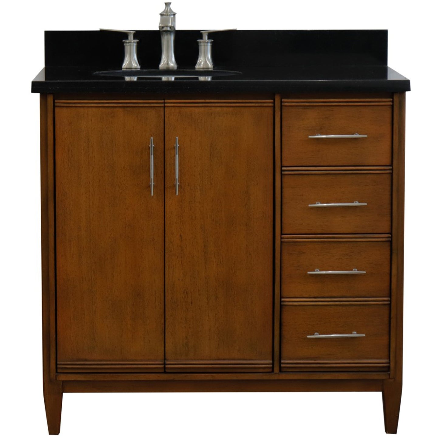 37" Single vanity in Walnut finish with Black galaxy and oval sink Left door/Left sink