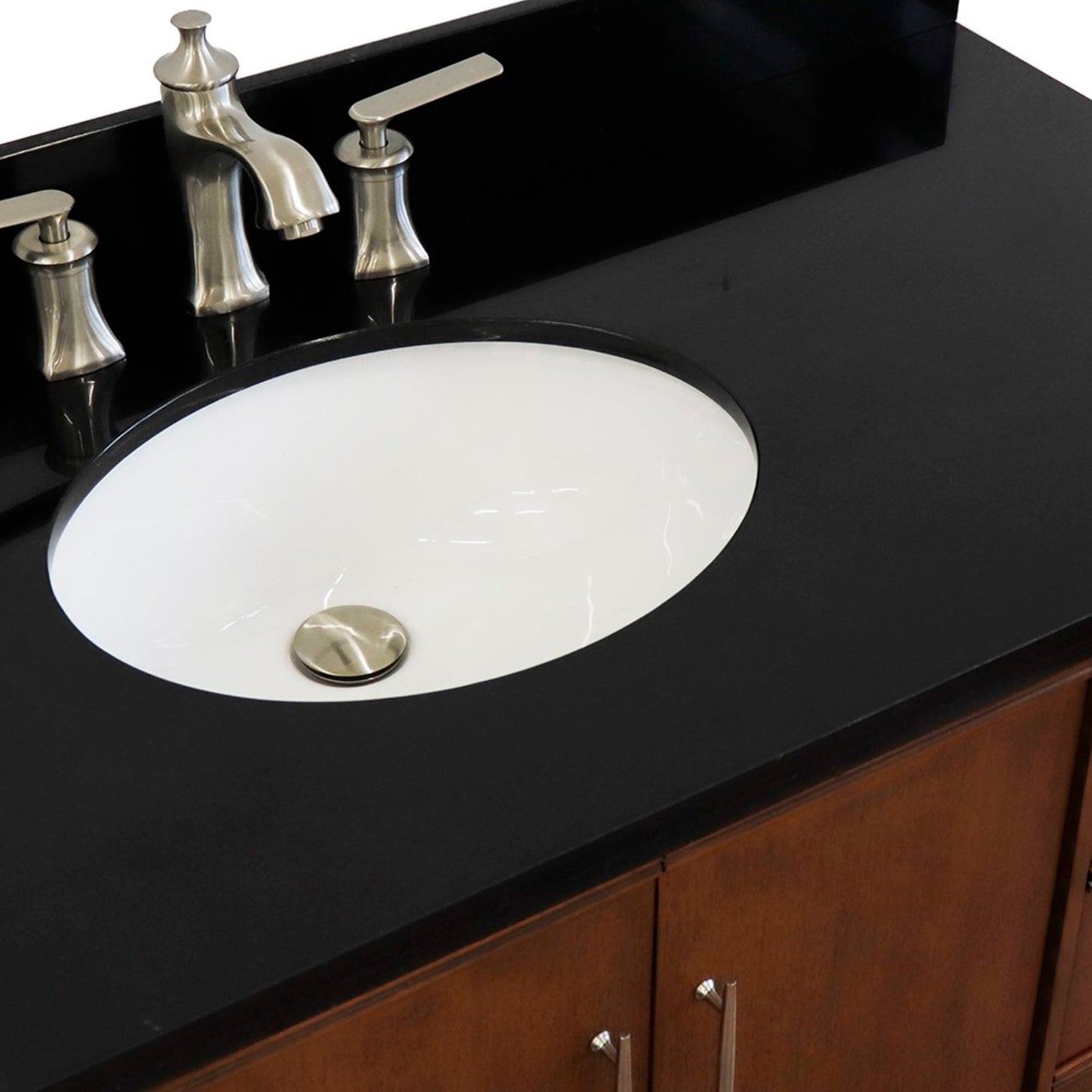 37" Single vanity in Walnut finish with Black galaxy and oval sink Left door/Left sink