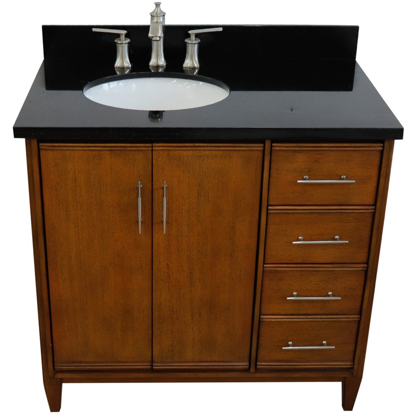 37" Single vanity in Walnut finish with Black galaxy and oval sink Left door/Left sink