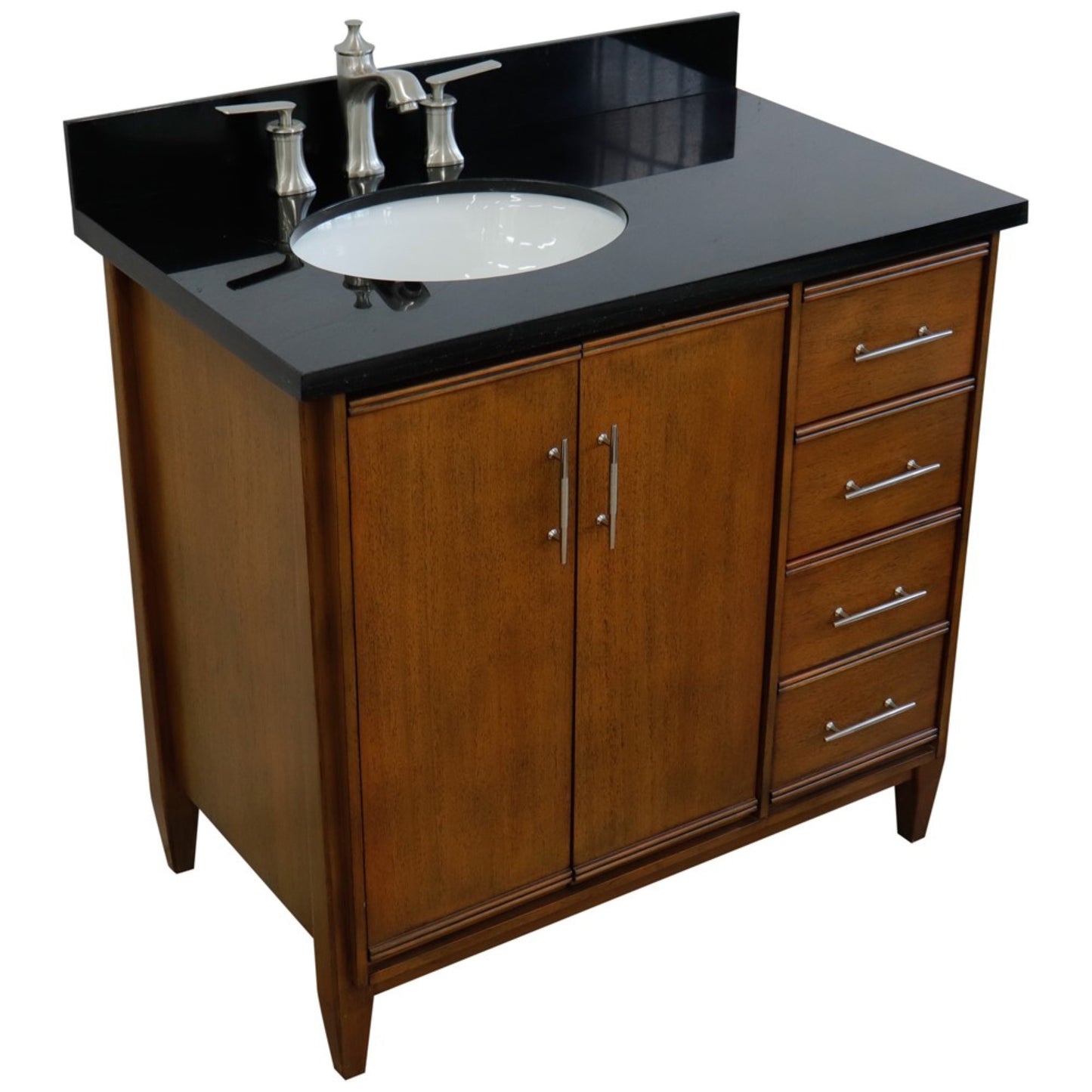37" Single vanity in Walnut finish with Black galaxy and oval sink Left door/Left sink