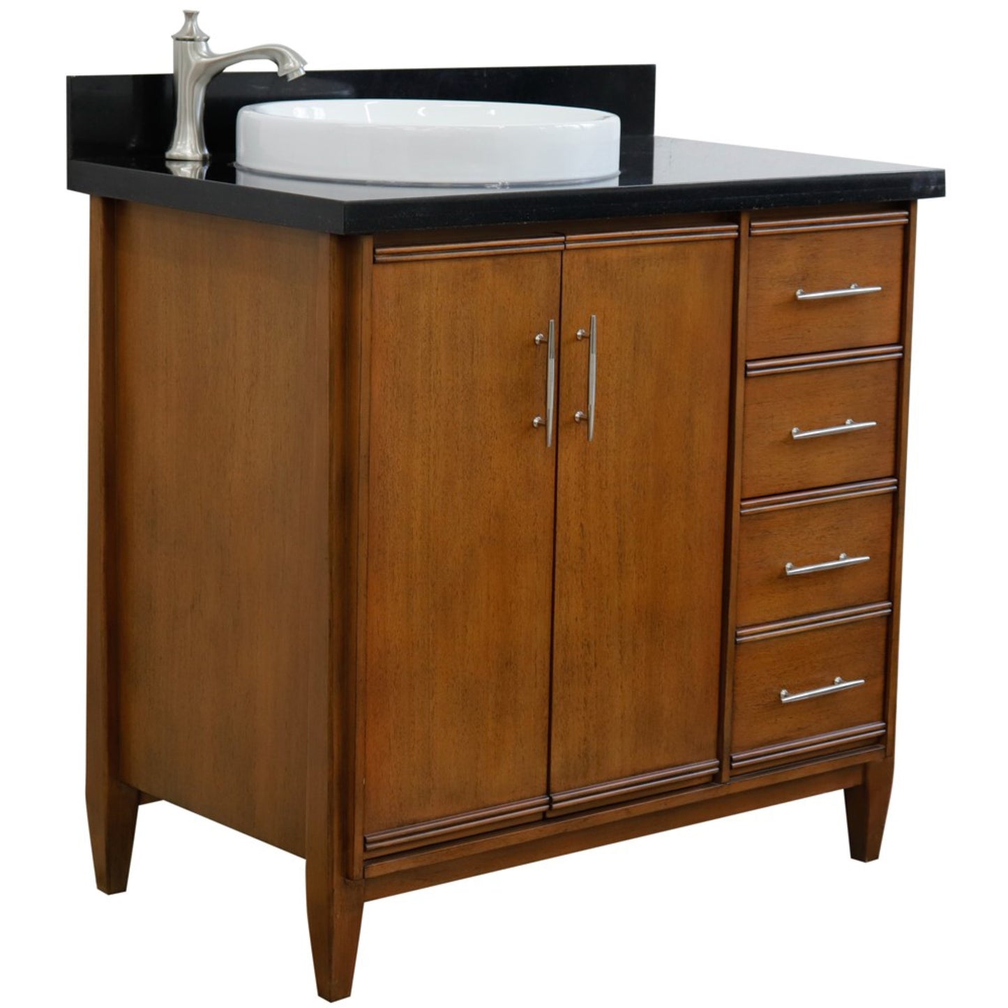 37" Single vanity in Walnut finish with Black galaxy and round sink Left door/Left sink