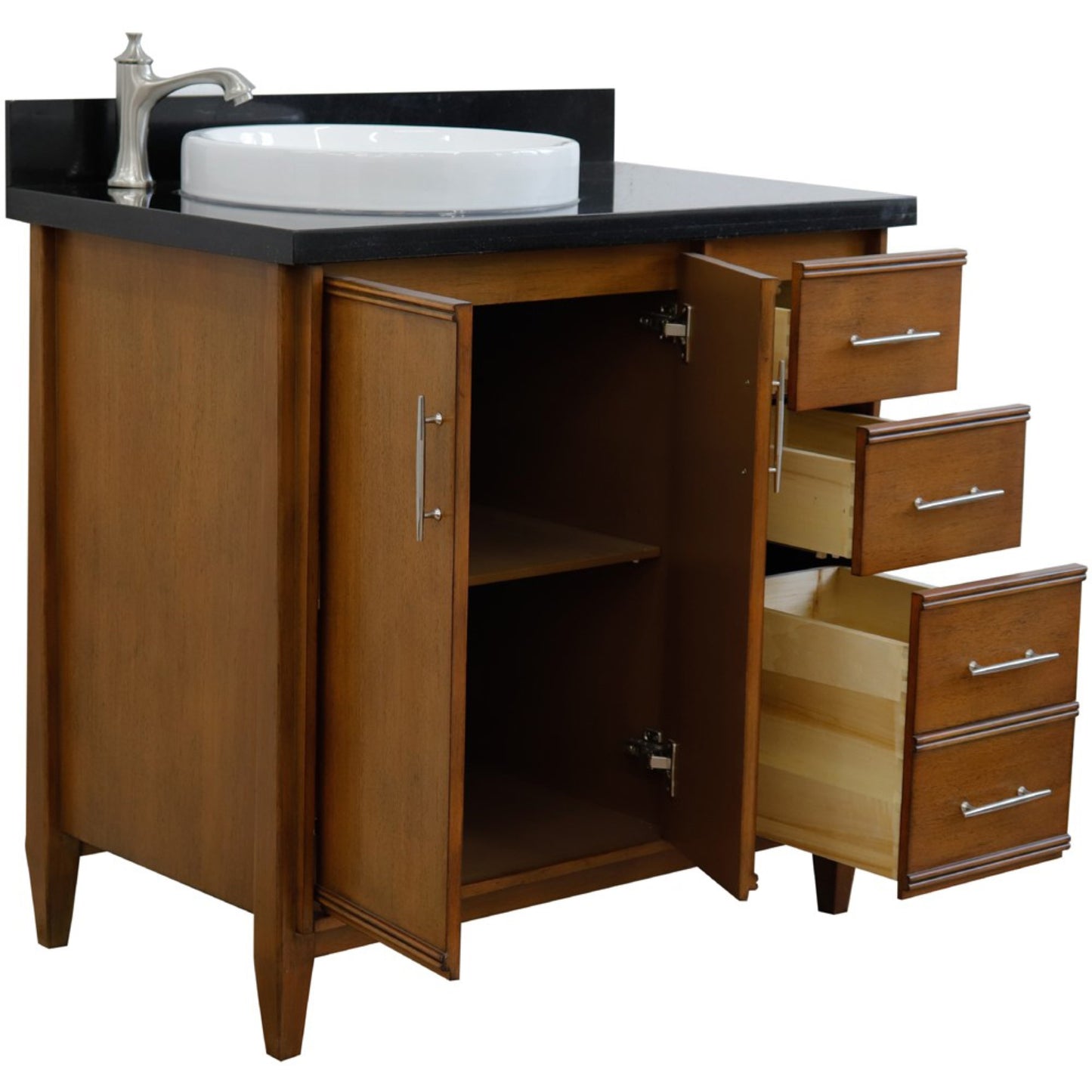 37" Single vanity in Walnut finish with Black galaxy and round sink Left door/Left sink