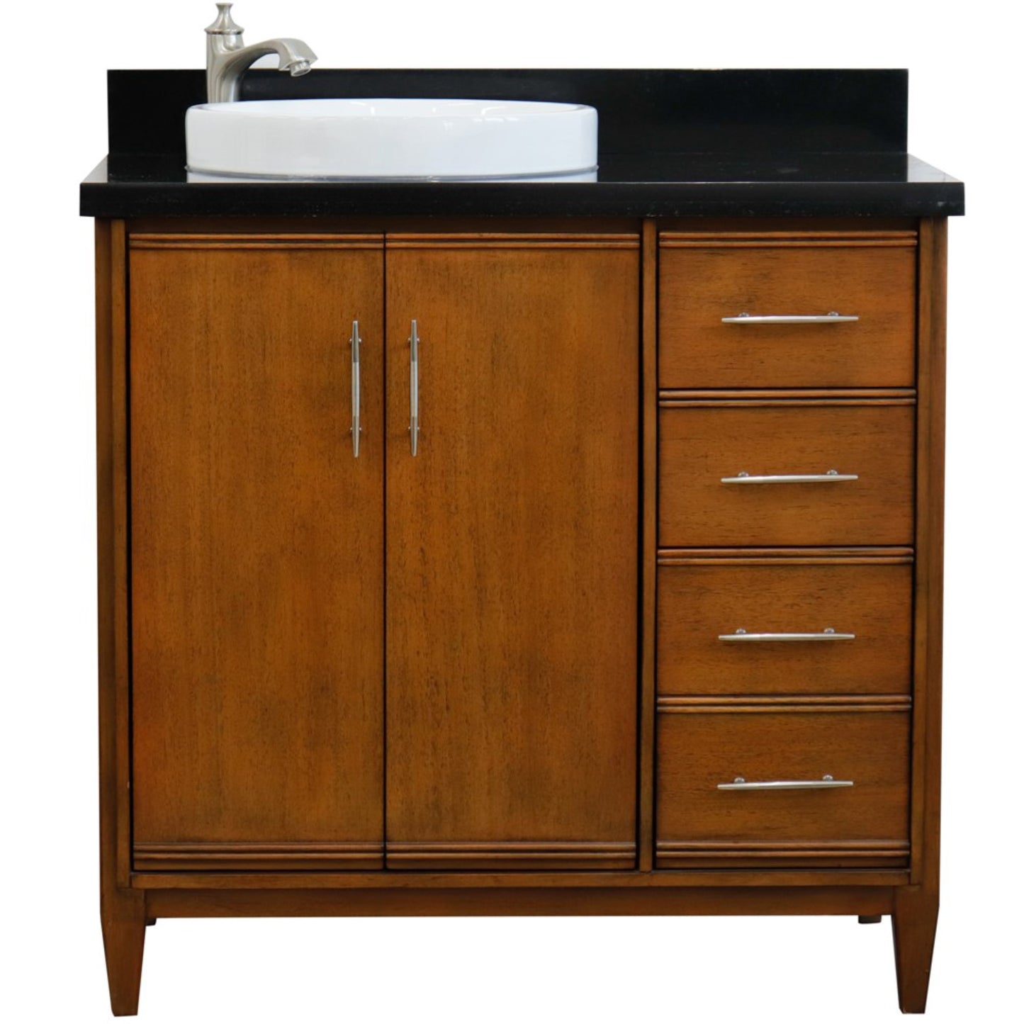 37" Single vanity in Walnut finish with Black galaxy and round sink Left door/Left sink