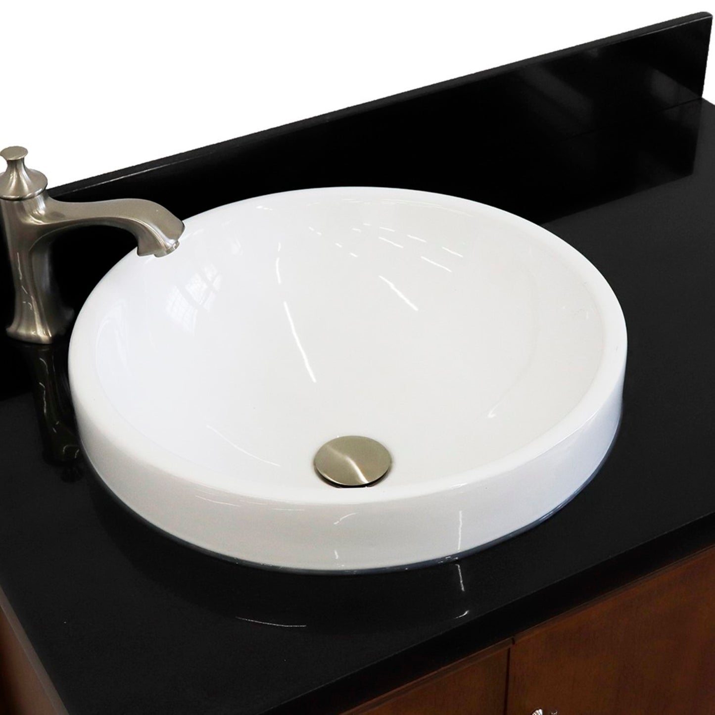 37" Single vanity in Walnut finish with Black galaxy and round sink Left door/Left sink