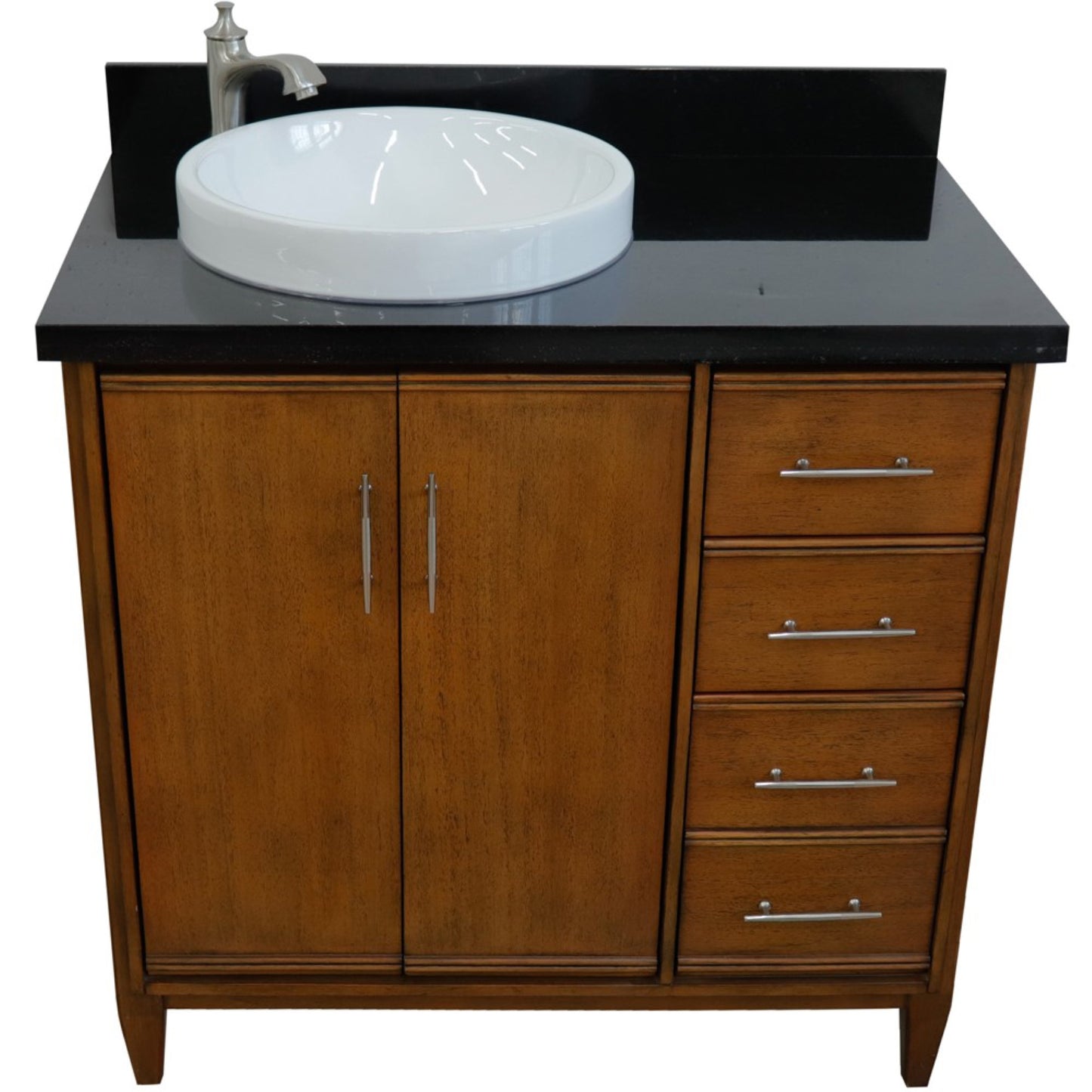 37" Single vanity in Walnut finish with Black galaxy and round sink Left door/Left sink