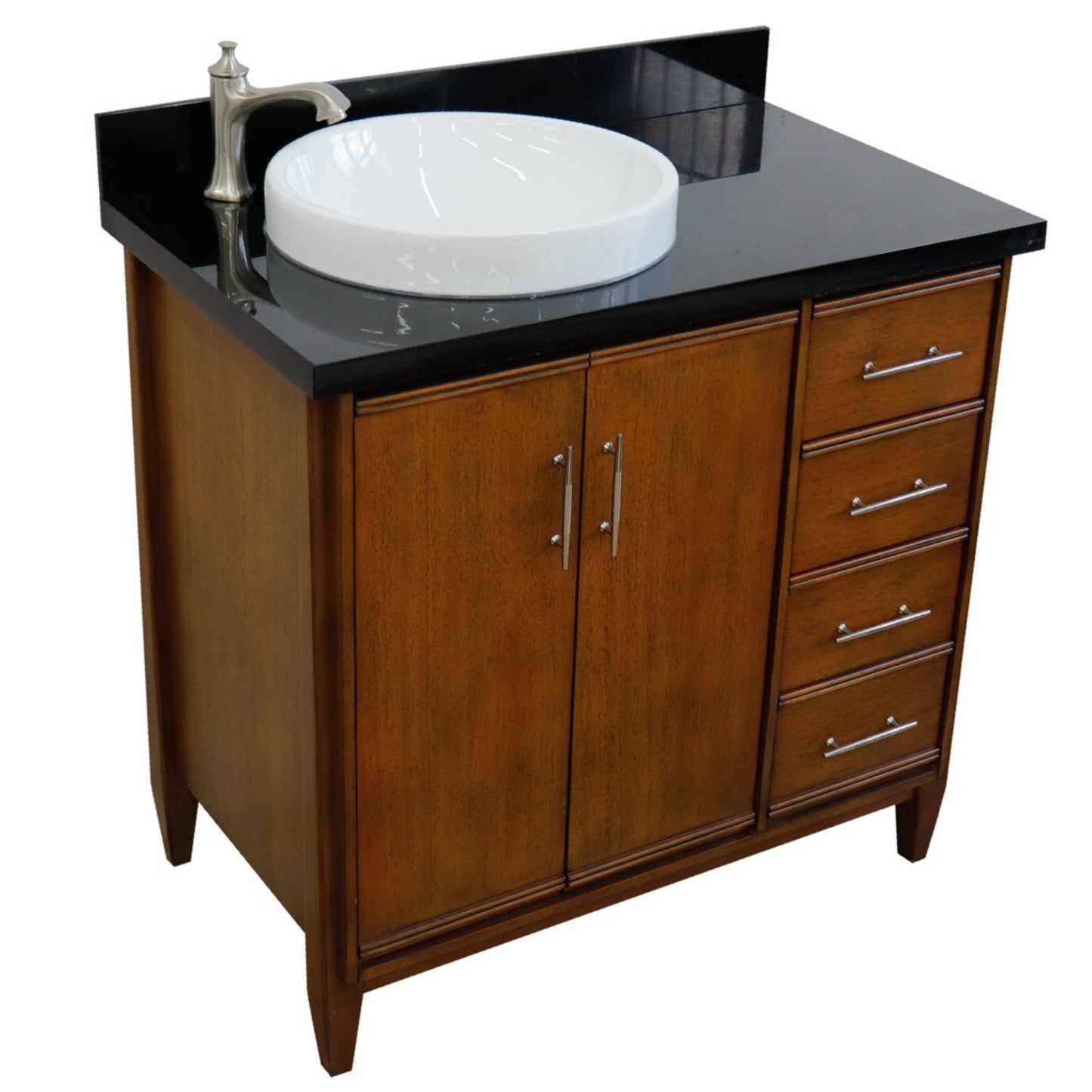 37" Single vanity in Walnut finish with Black galaxy and round sink Left door/Left sink