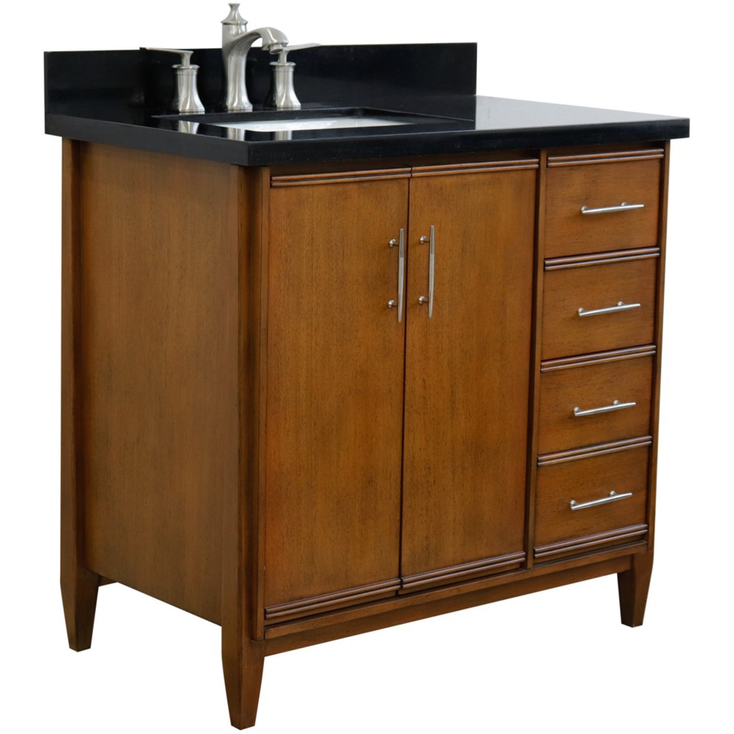 37" Single vanity in Walnut finish with Black galaxy and rectangle sink Left door/Left sink