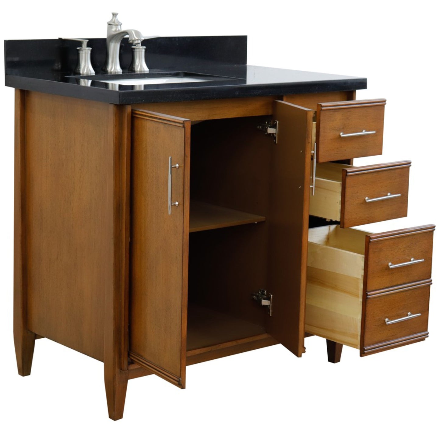37" Single vanity in Walnut finish with Black galaxy and rectangle sink Left door/Left sink