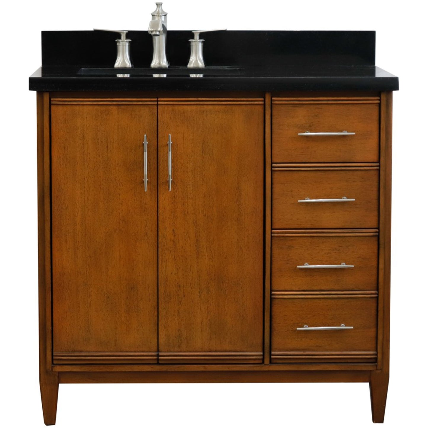 37" Single vanity in Walnut finish with Black galaxy and rectangle sink Left door/Left sink