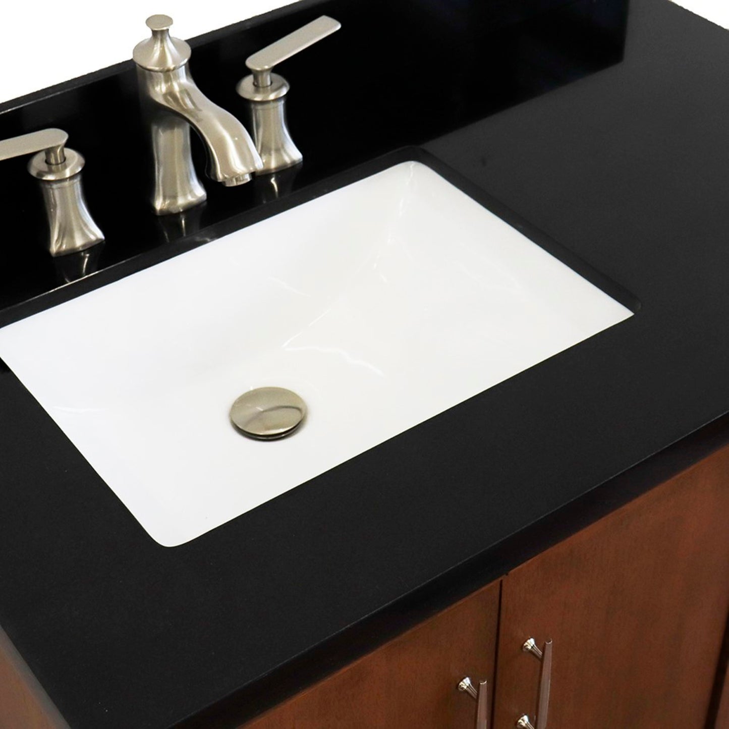 37" Single vanity in Walnut finish with Black galaxy and rectangle sink Left door/Left sink