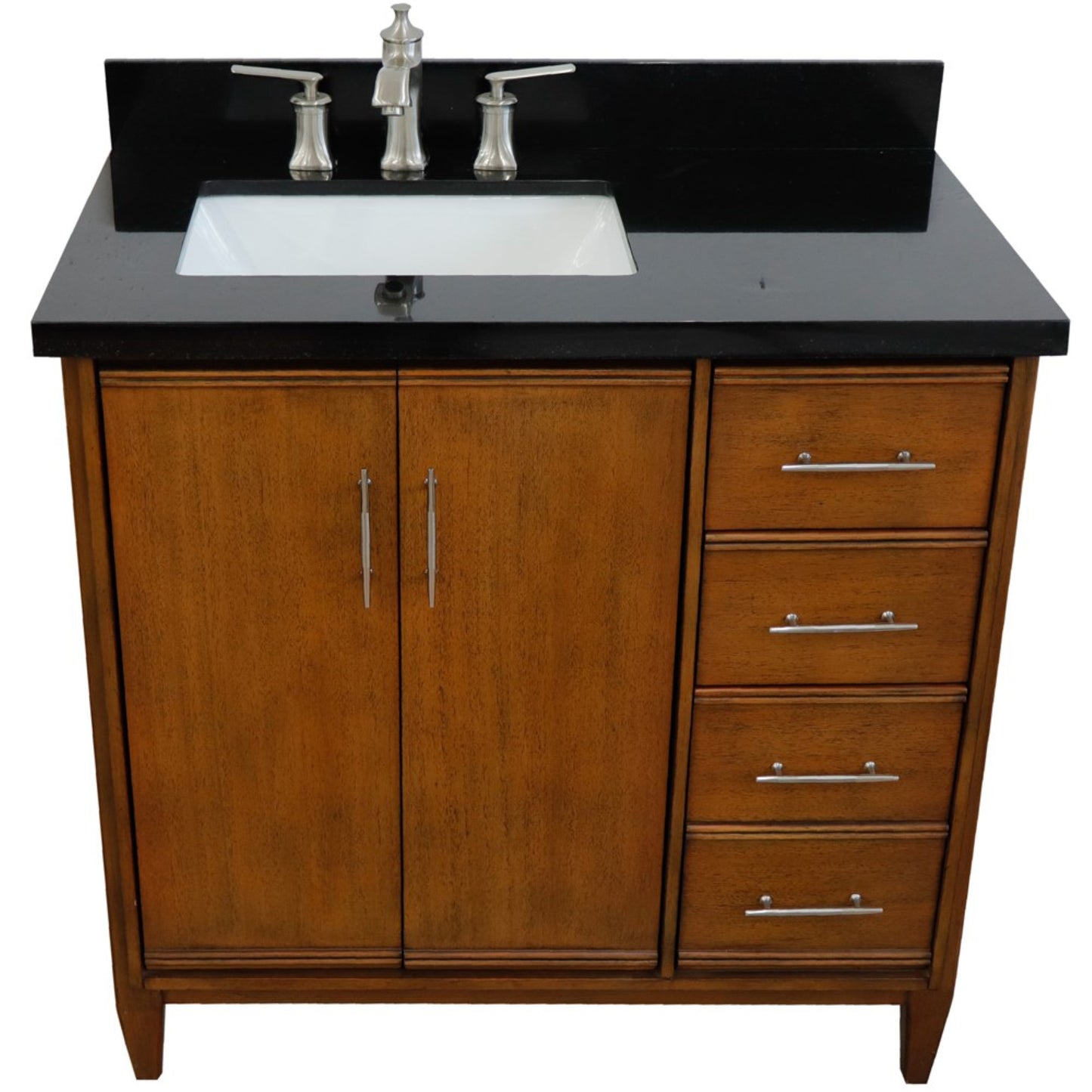 37" Single vanity in Walnut finish with Black galaxy and rectangle sink Left door/Left sink