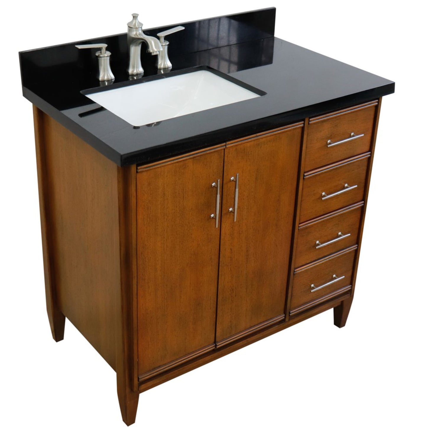 37" Single vanity in Walnut finish with Black galaxy and rectangle sink Left door/Left sink